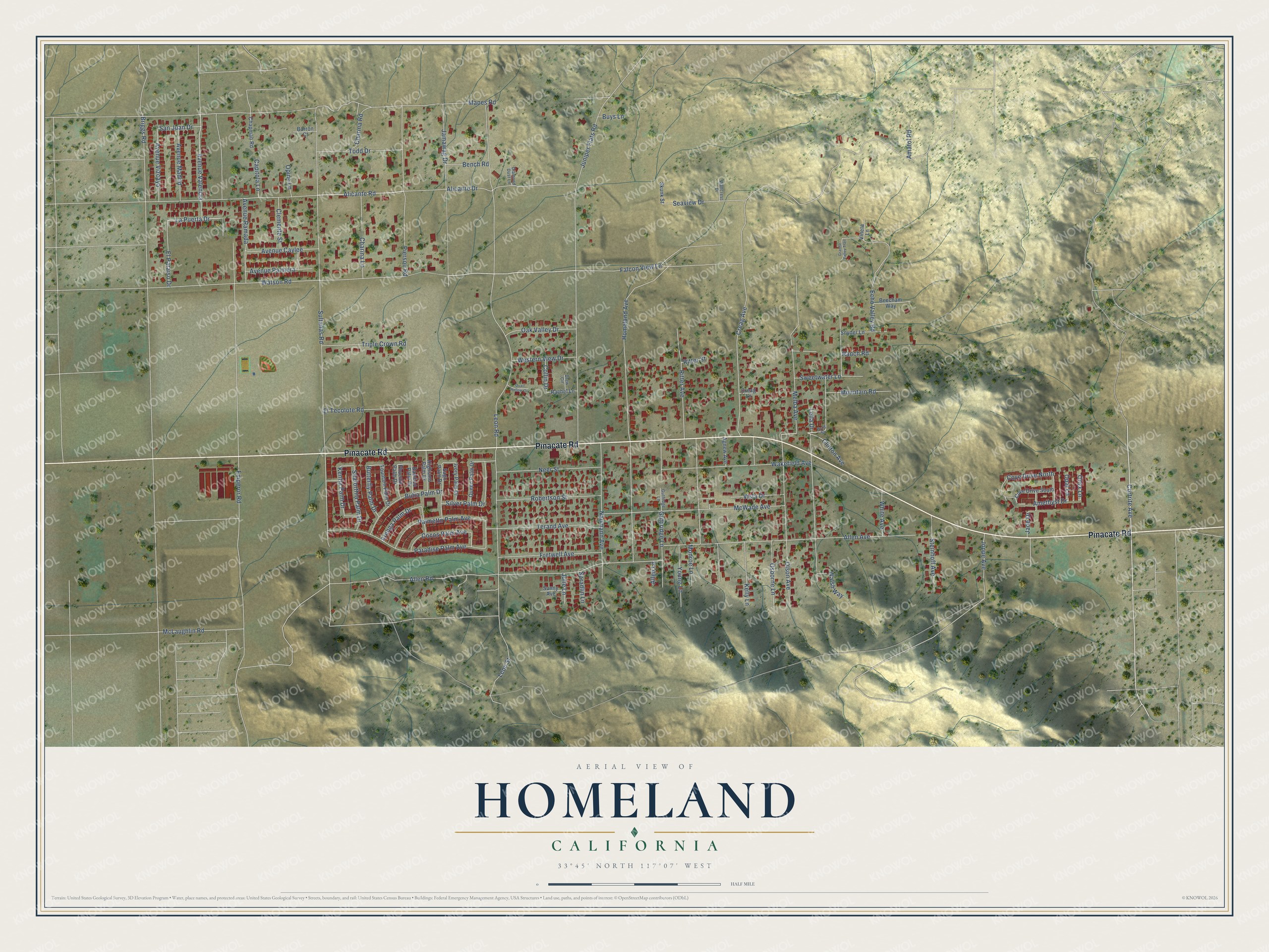 Full map of Homeland, California, with red buildings, printed street names and the land around them