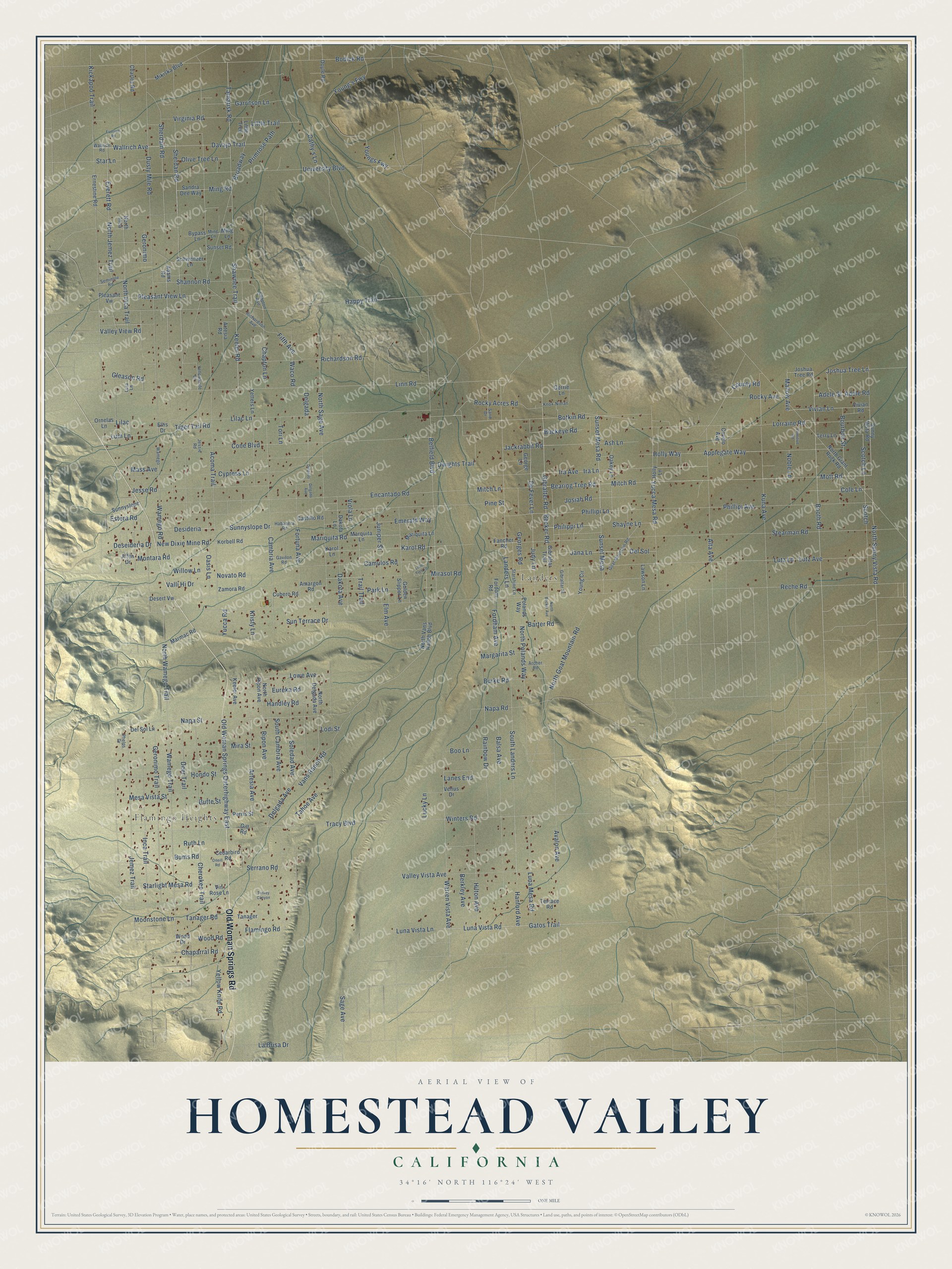 Full map of Homestead Valley, California, with red buildings, printed street names and the land around them