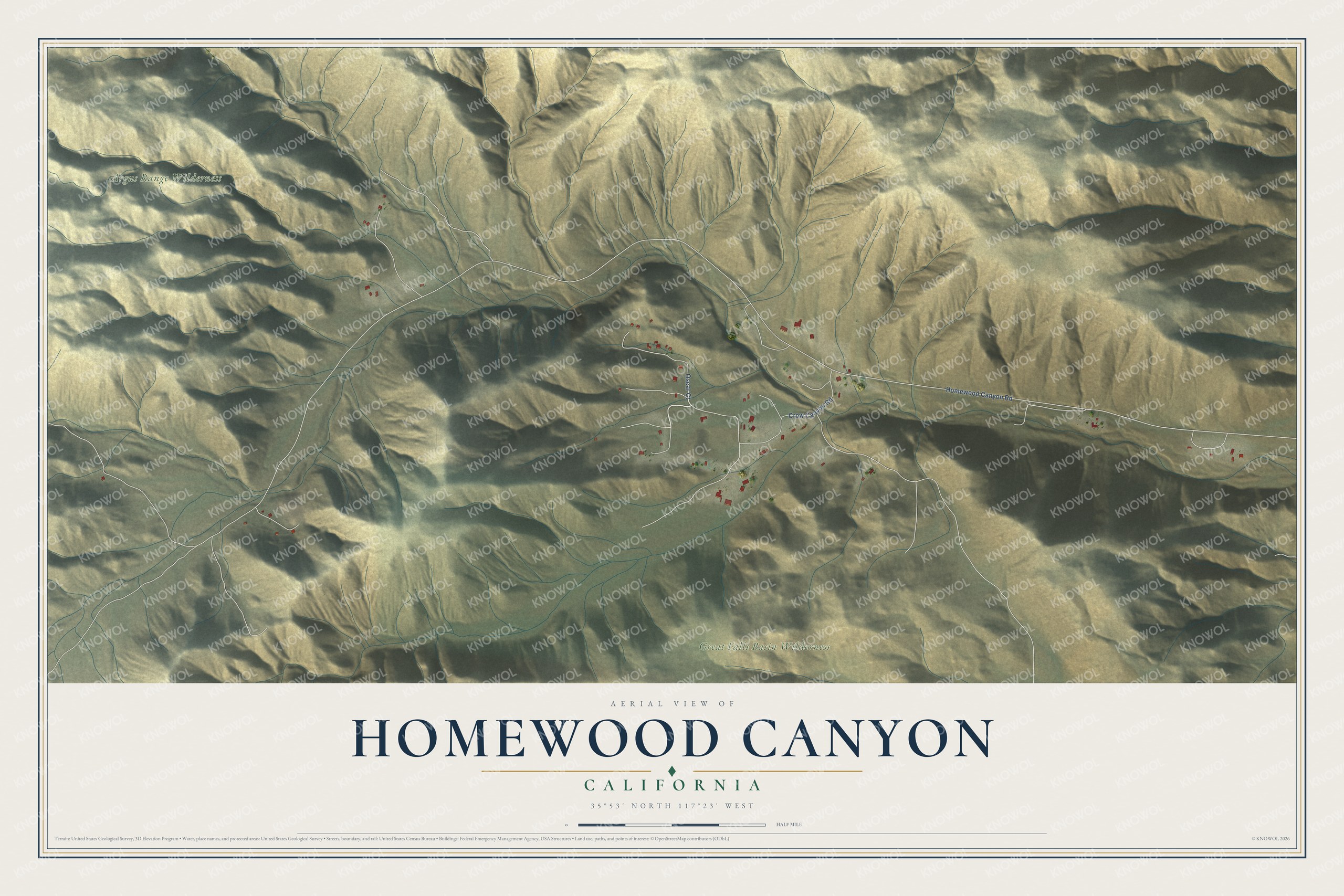 Full map of Homewood Canyon, California, with red buildings, printed street names and the land around them