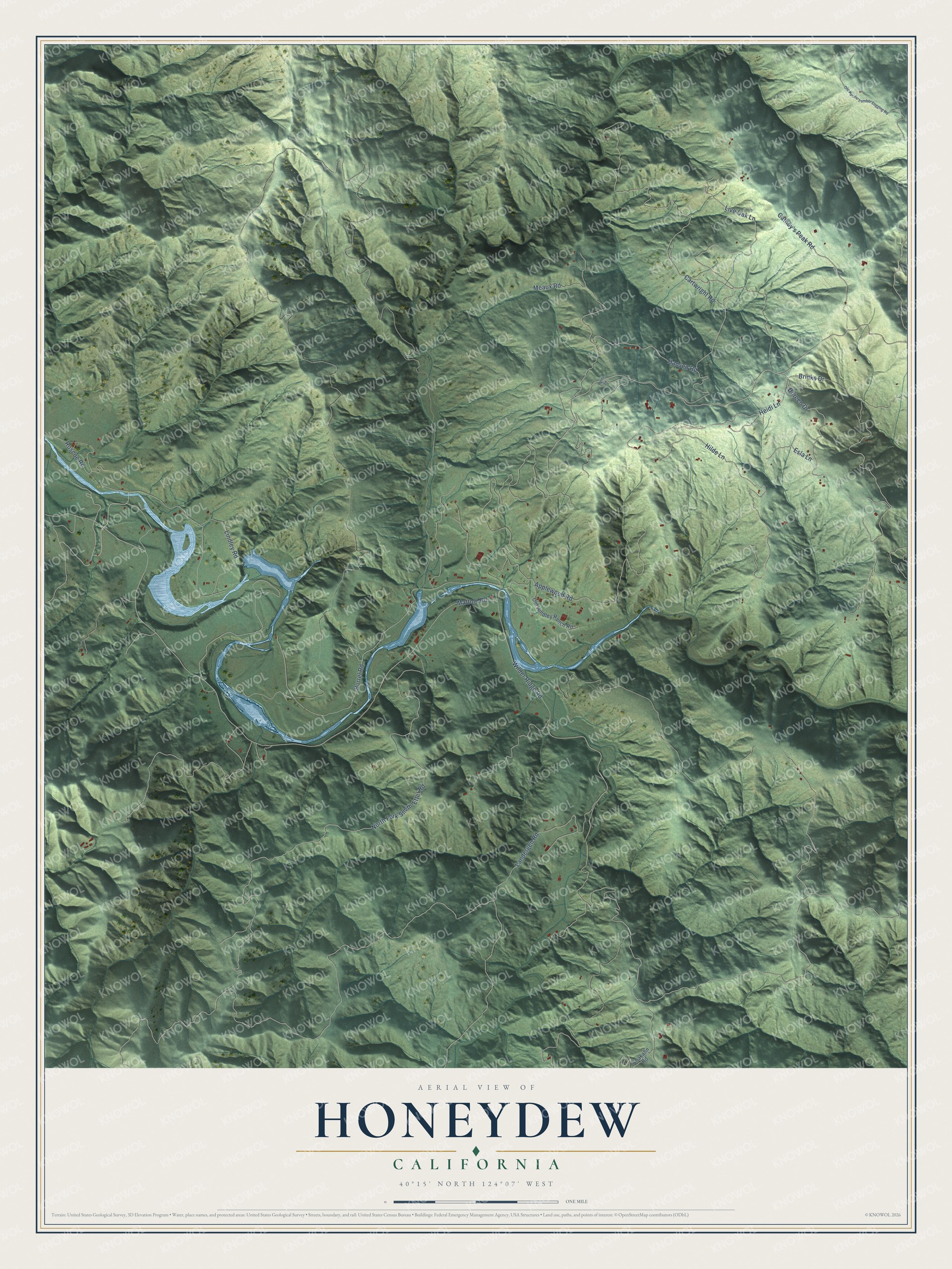 Full map of Honeydew, California, with red buildings, printed street names and the land around them