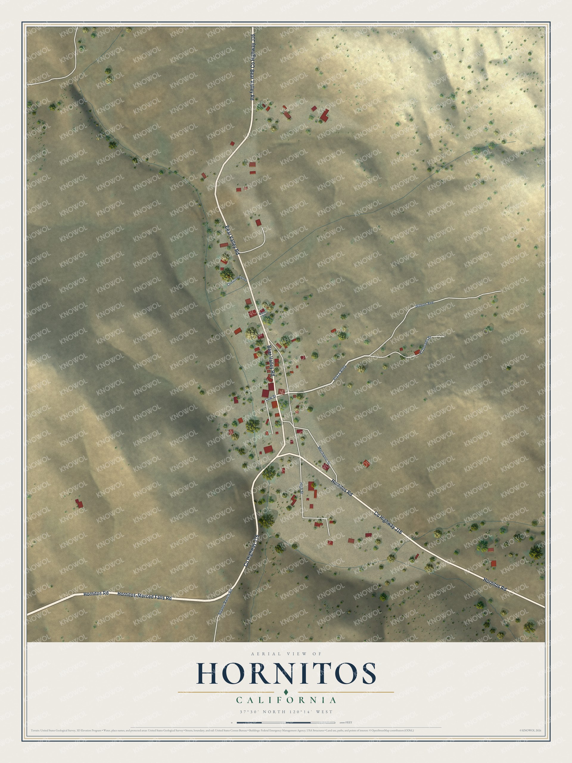 Full map of Hornitos, California, with red buildings, printed street names and the land around them