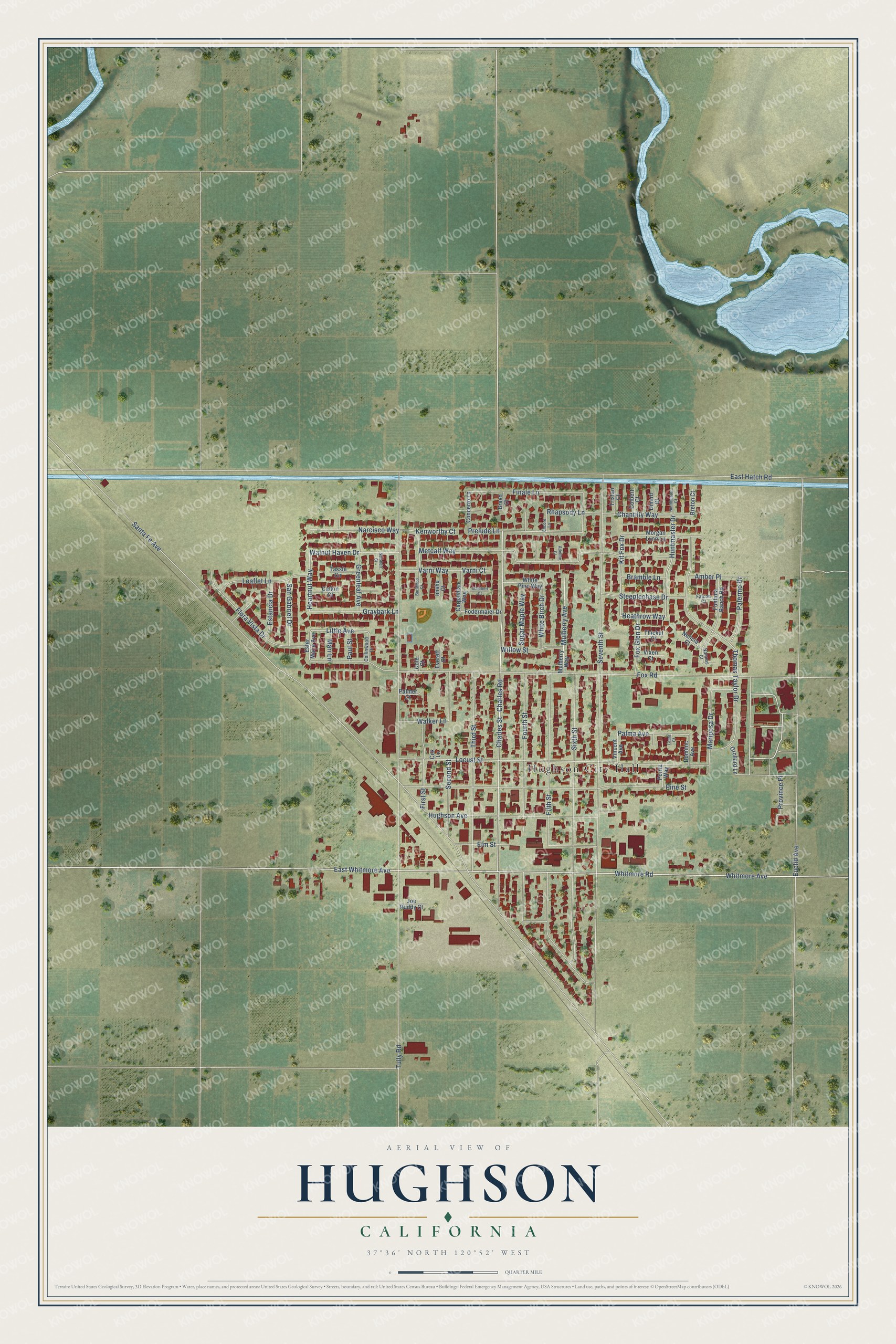 Full map of Hughson, California, with red buildings, printed street names and the land around them