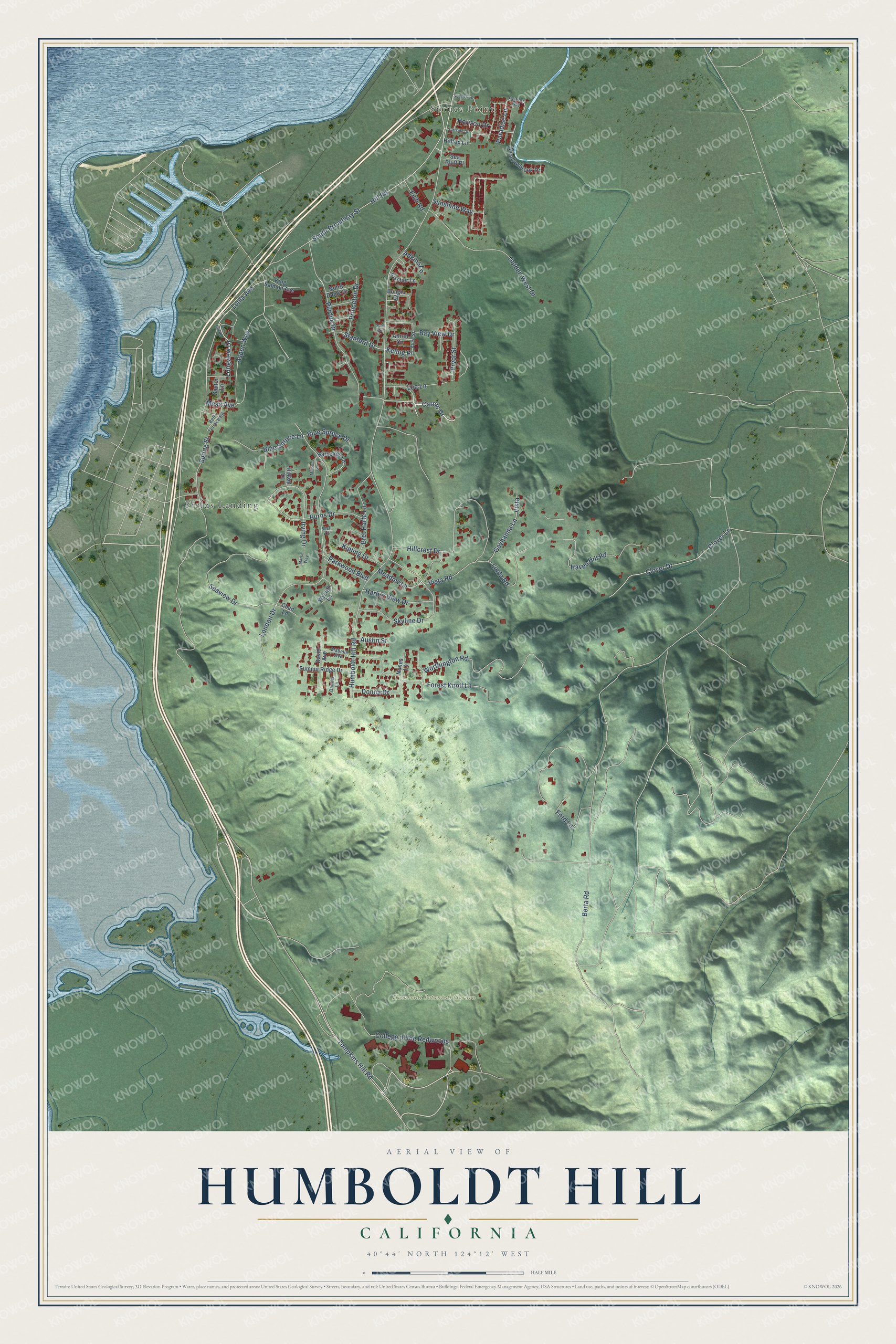Full map of Humboldt Hill, California, with red buildings, printed street names and the land around them
