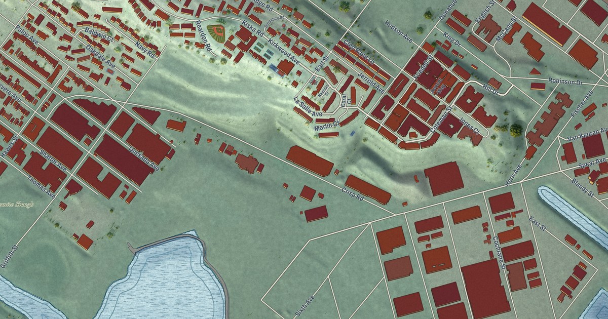 Close-up of streets and buildings in Hunters Point, California