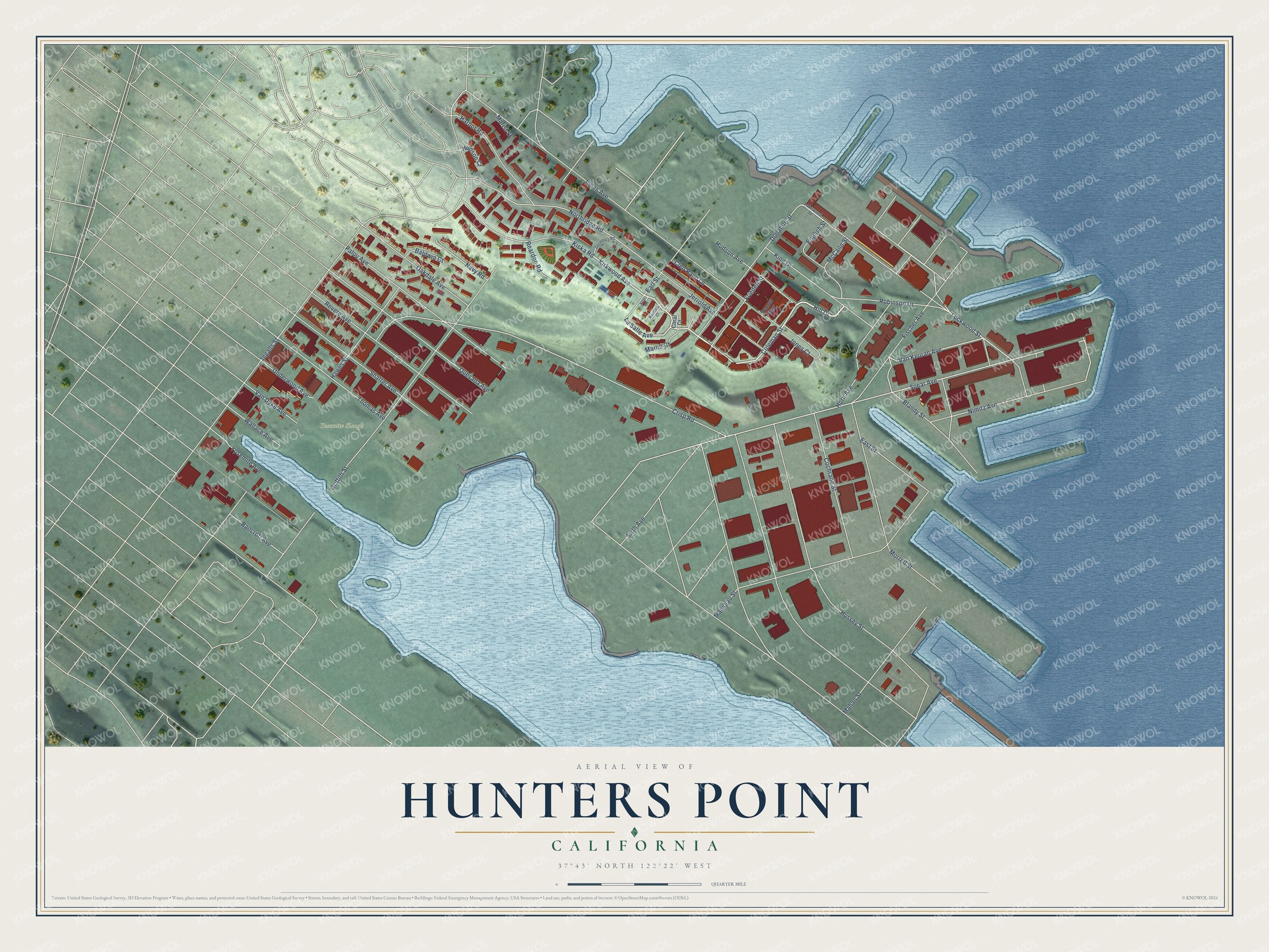 Full map of Hunters Point, California, with red buildings, printed street names and the land around them