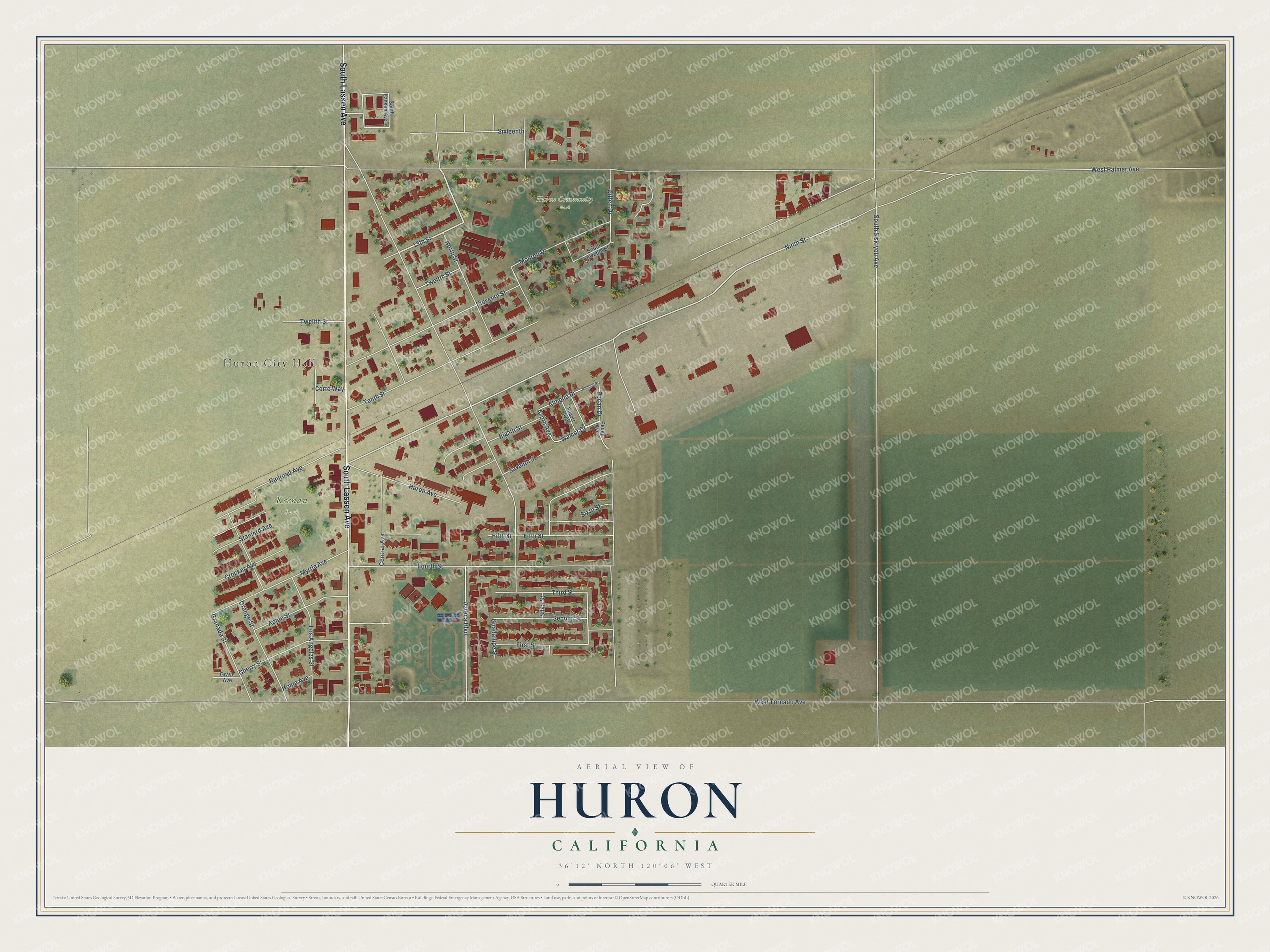 Full map of Huron, California, with red buildings, printed street names and the land around them