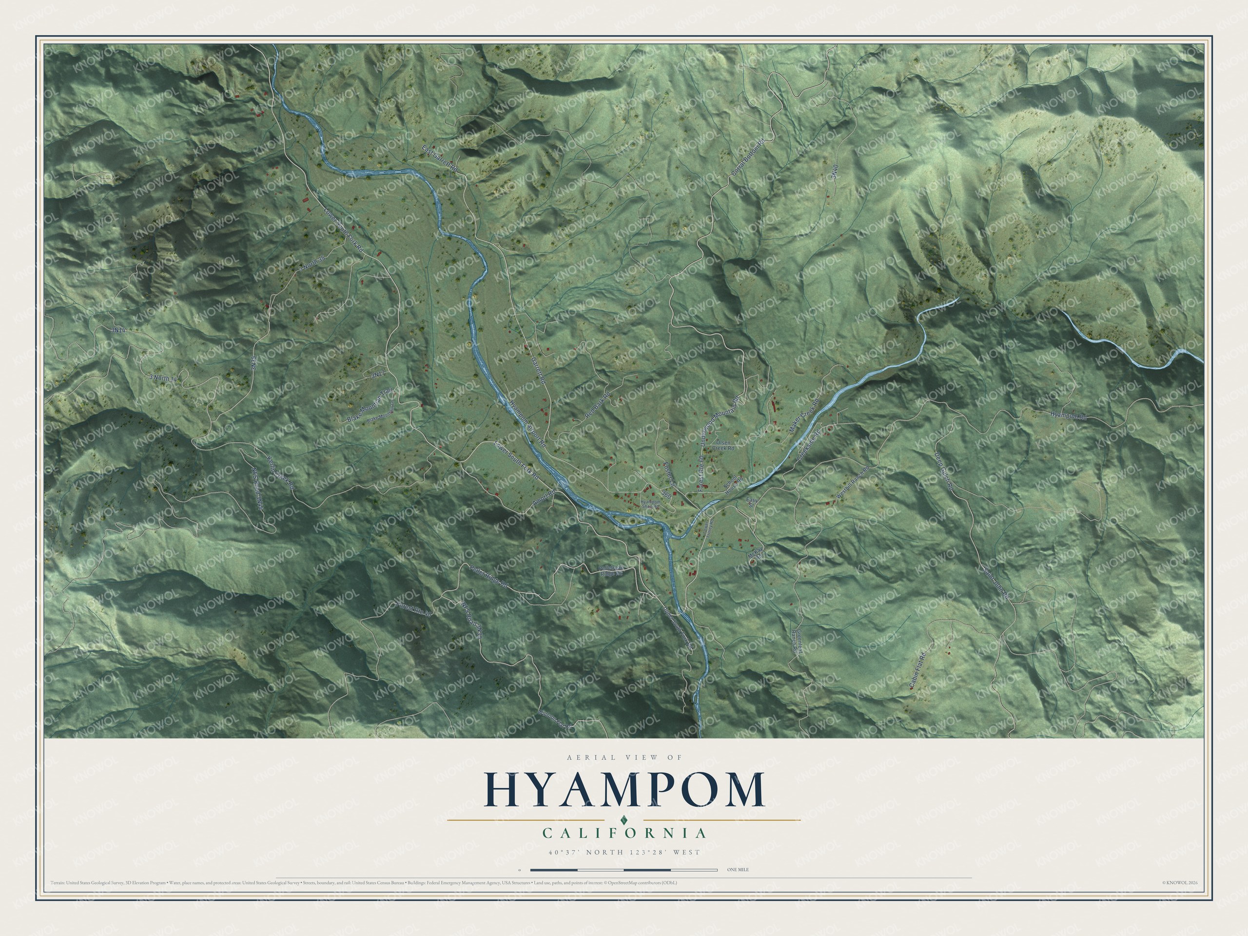 Full map of Hyampom, California, with red buildings, printed street names and the land around them