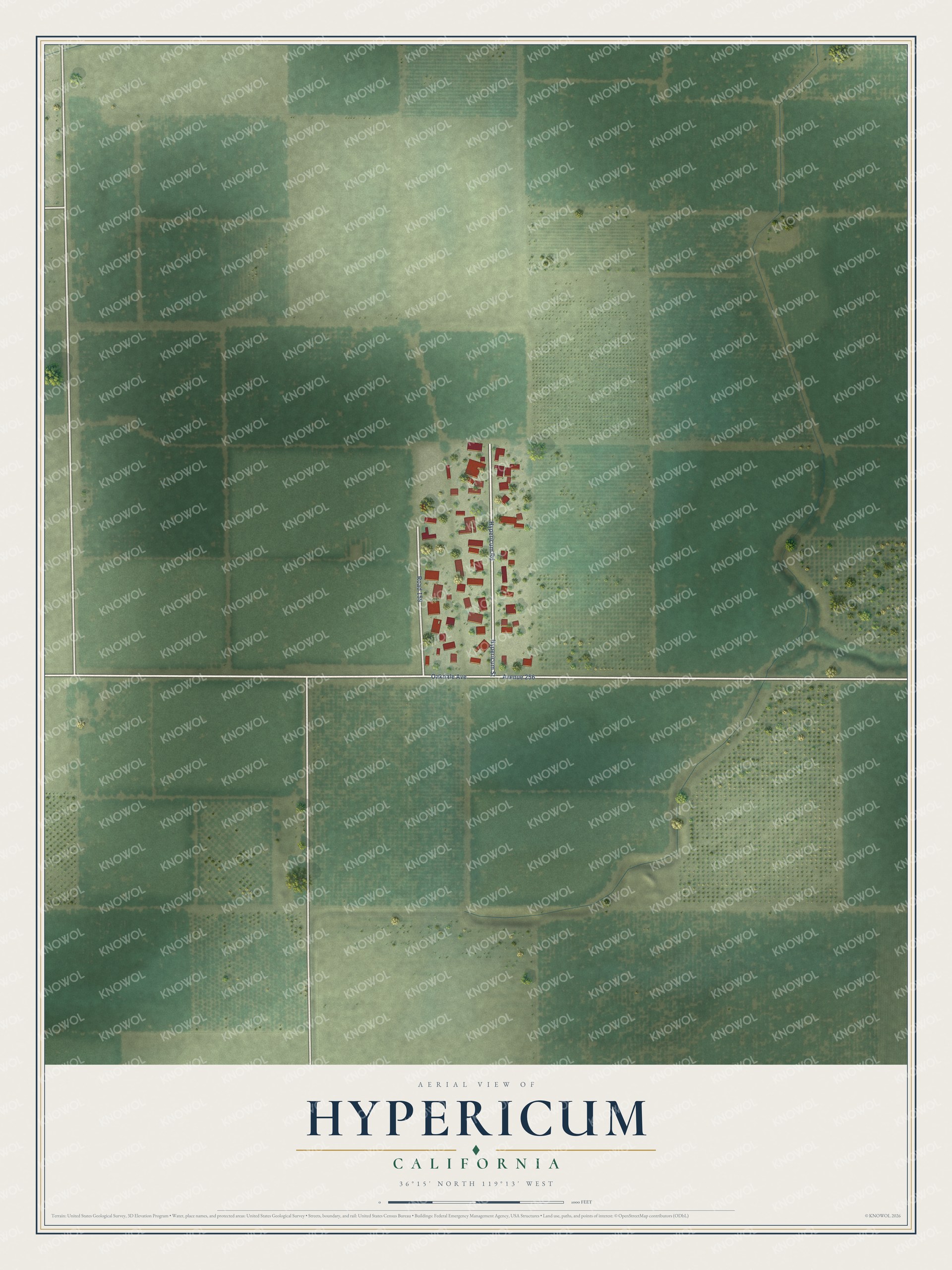 Full map of Hypericum, California, with red buildings, printed street names and the land around them