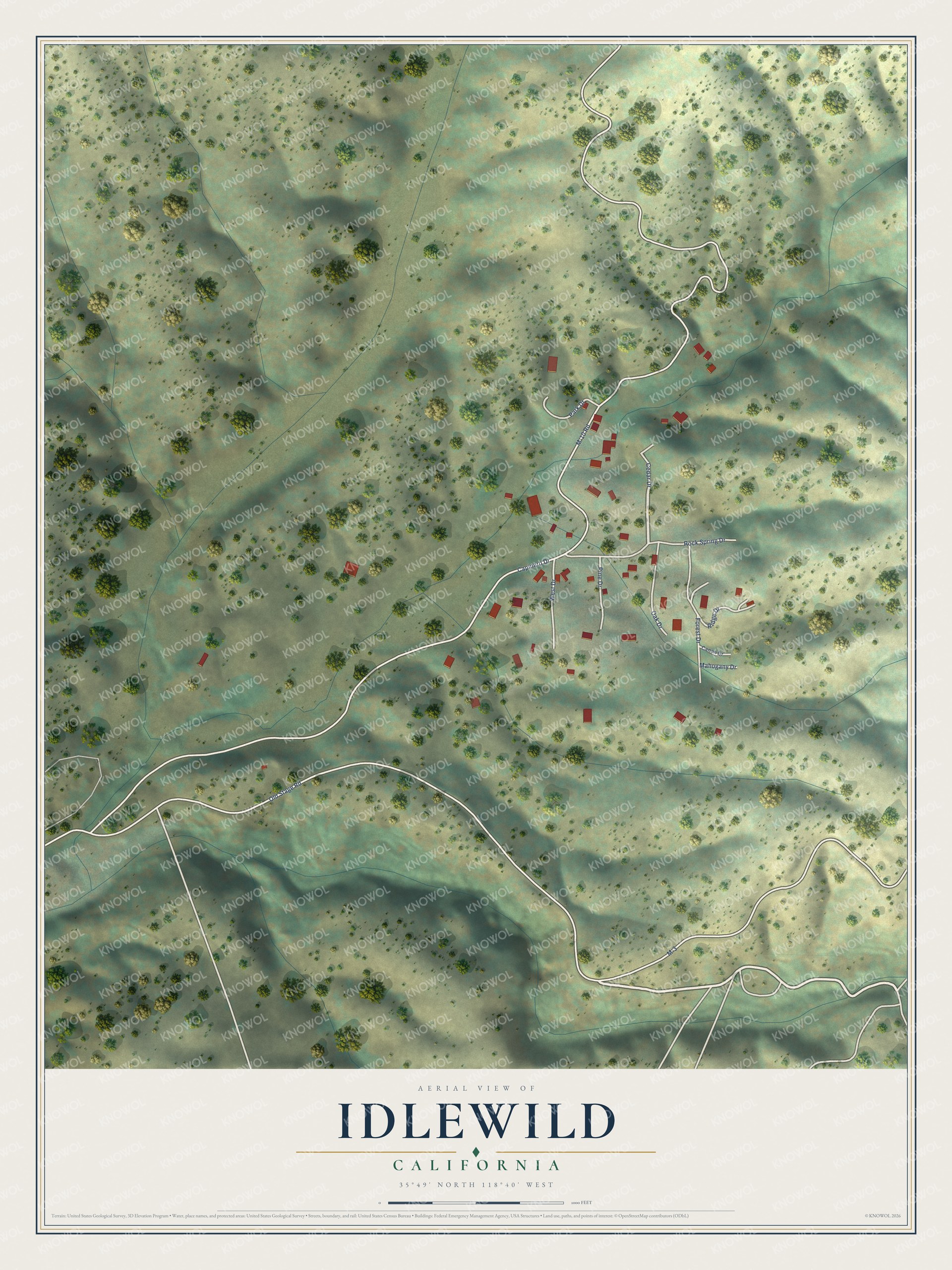 Full map of Idlewild, California, with red buildings, printed street names and the land around them