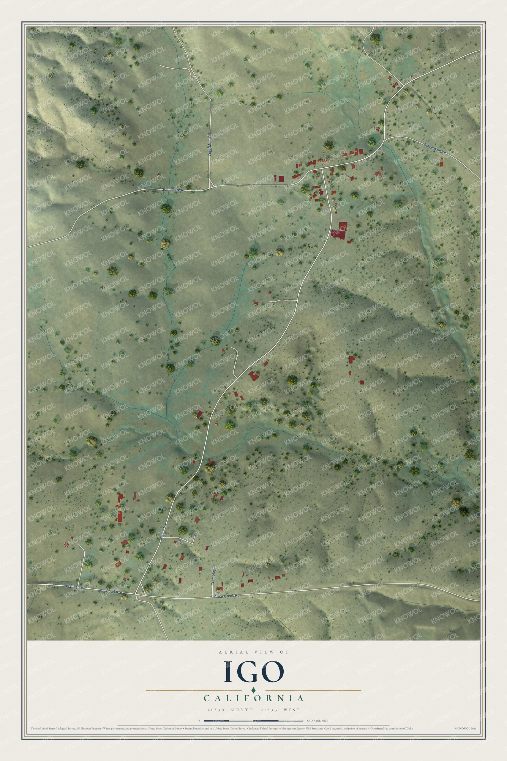 Full map of Igo, California, with red buildings, printed street names and the land around them
