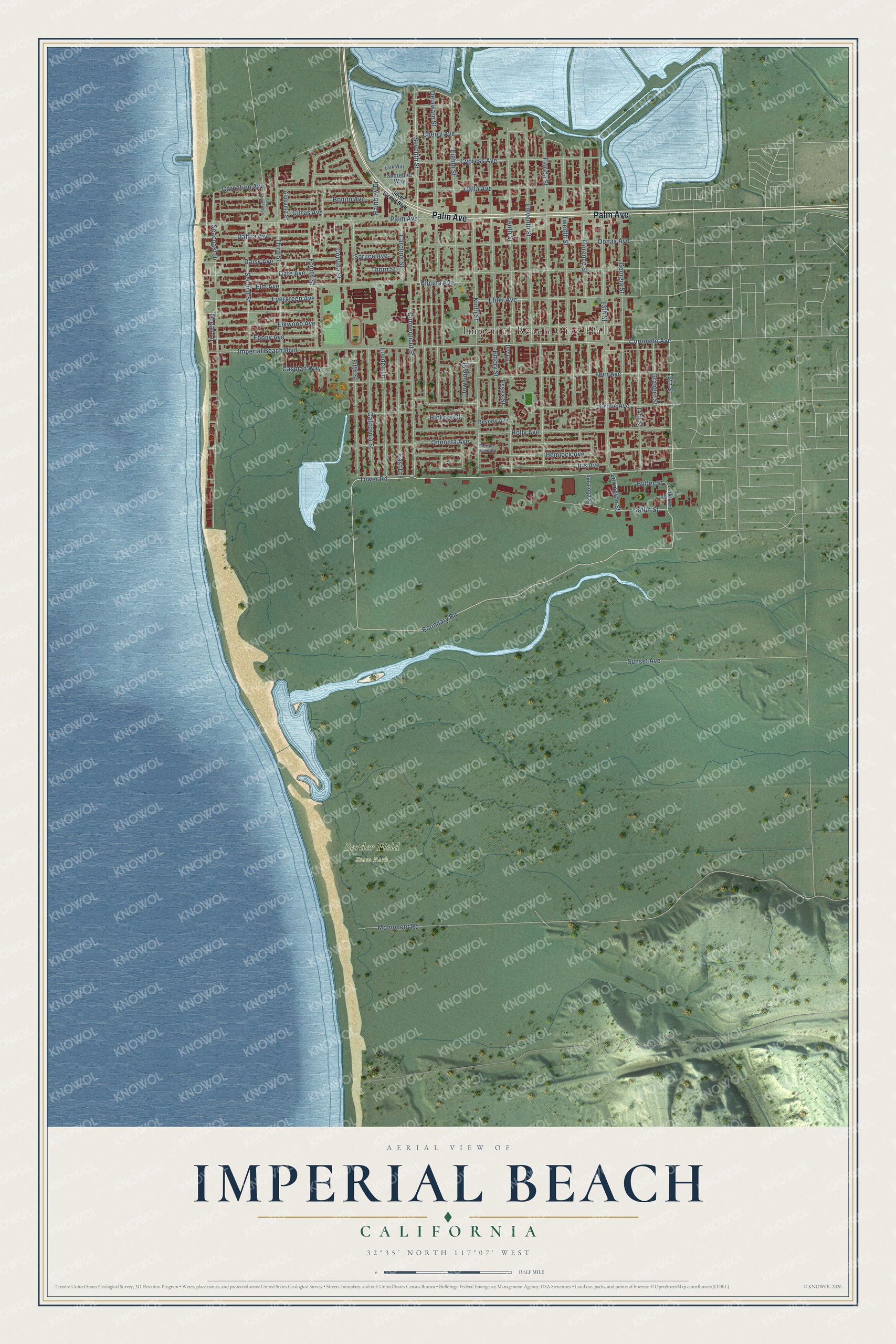 Full map of Imperial Beach, California, with red buildings, printed street names and the land around them