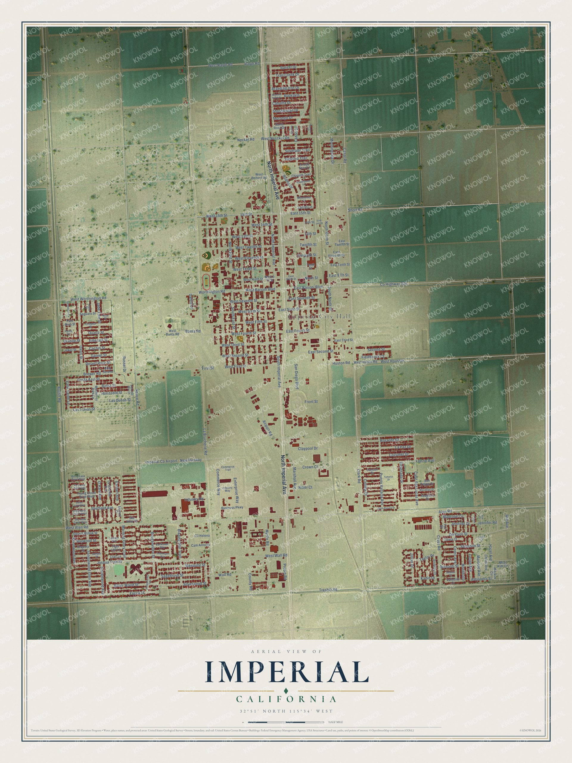 Full map of Imperial, California, with red buildings, printed street names and the land around them