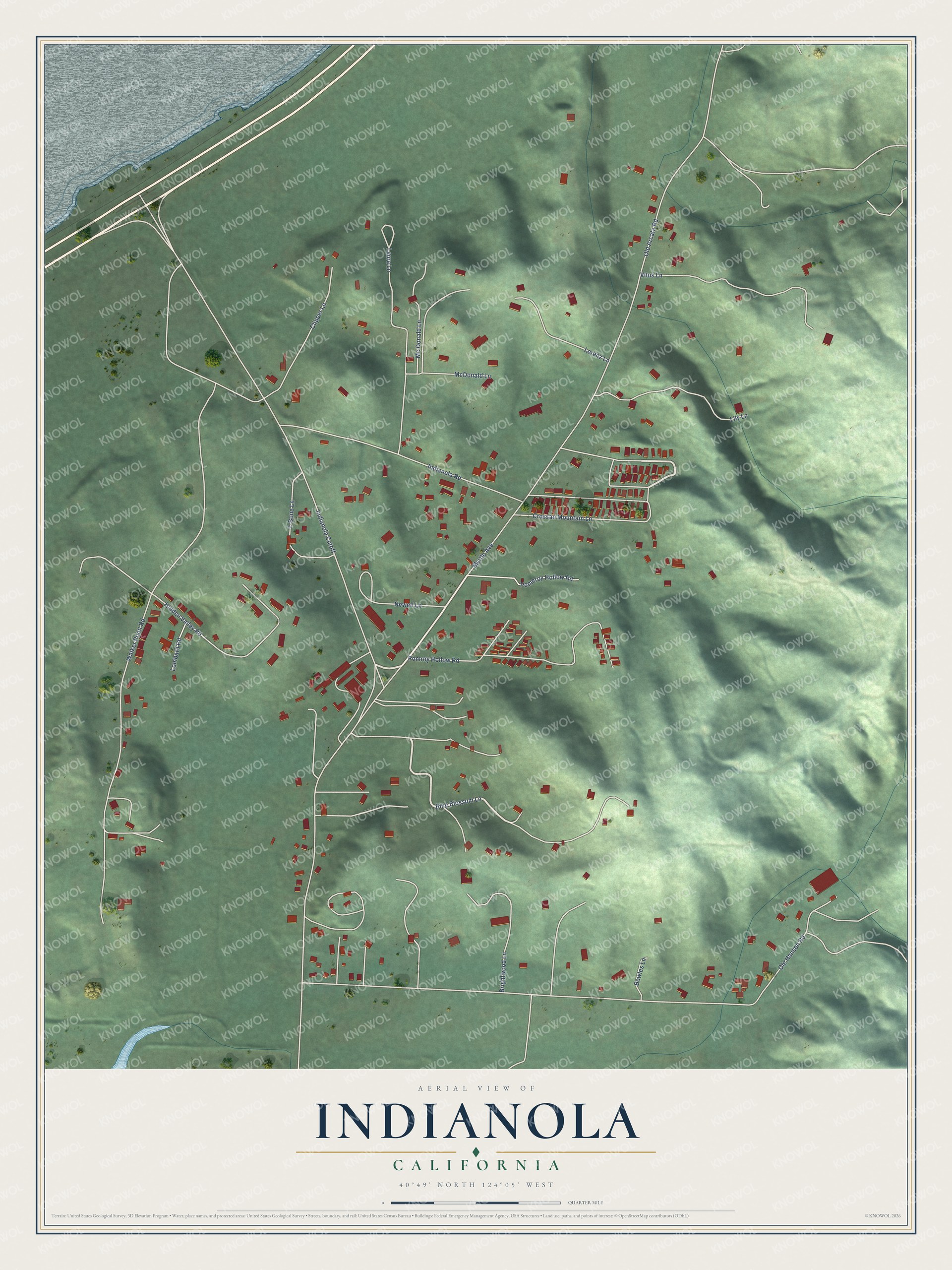 Full map of Indianola, California, with red buildings, printed street names and the land around them