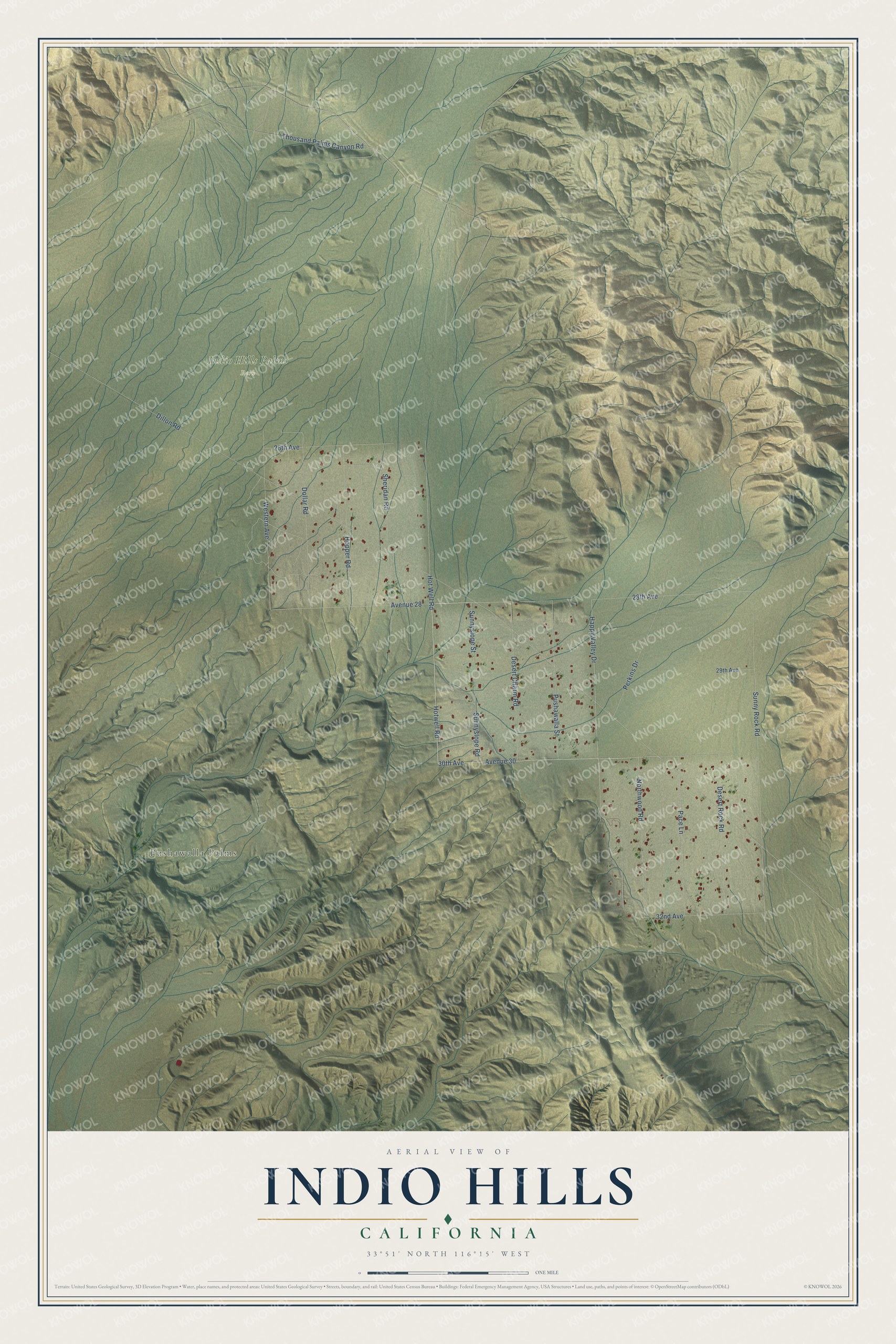 Full map of Indio Hills, California, with red buildings, printed street names and the land around them