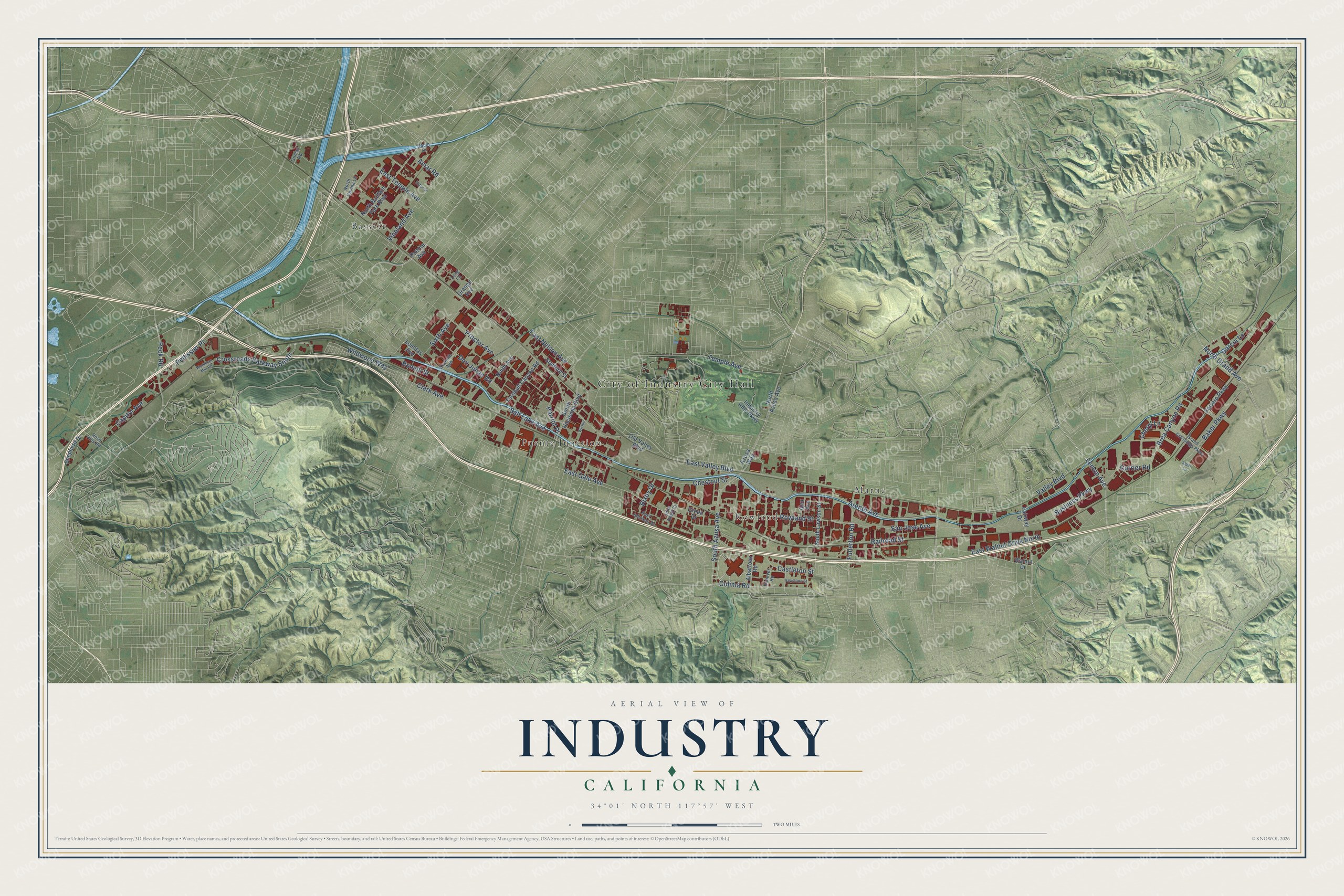 Full map of Industry, California, with red buildings, printed street names and the land around them