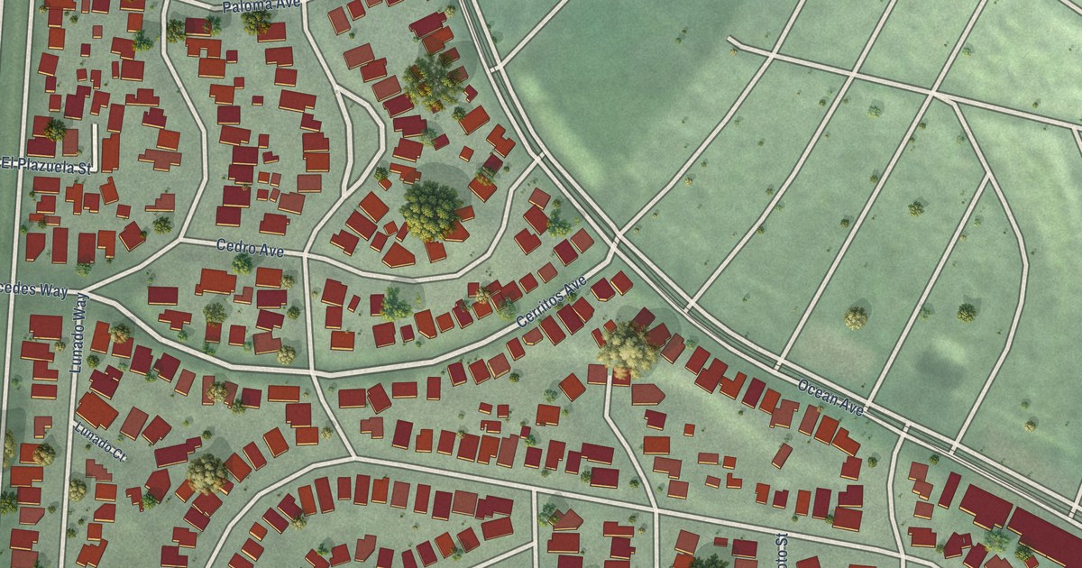 Close-up of streets and buildings in Ingleside Terraces, California