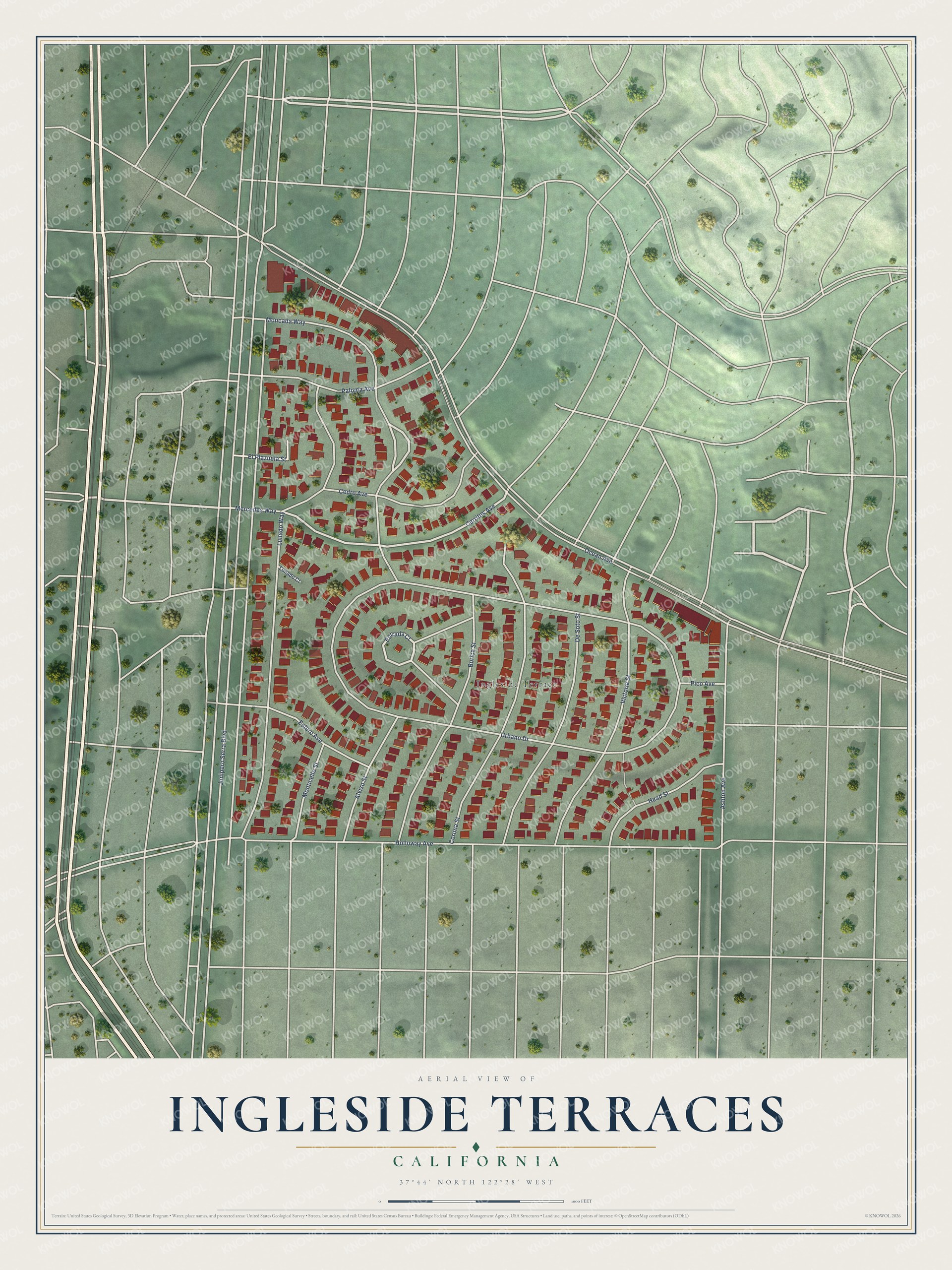 Full map of Ingleside Terraces, California, with red buildings, printed street names and the land around them