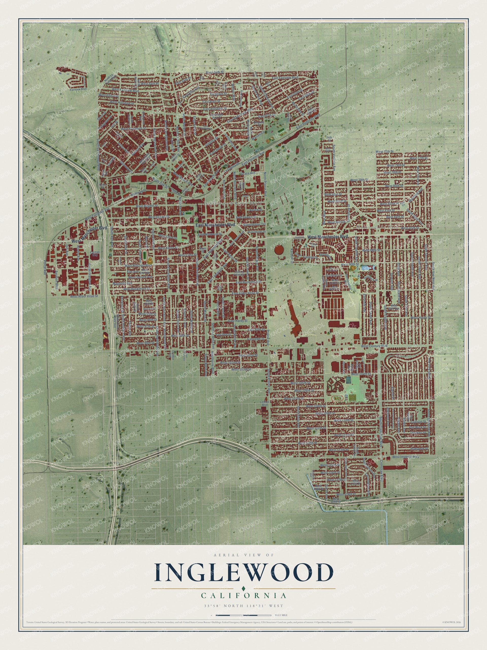 Full map of Inglewood, California, with red buildings, printed street names and the land around them