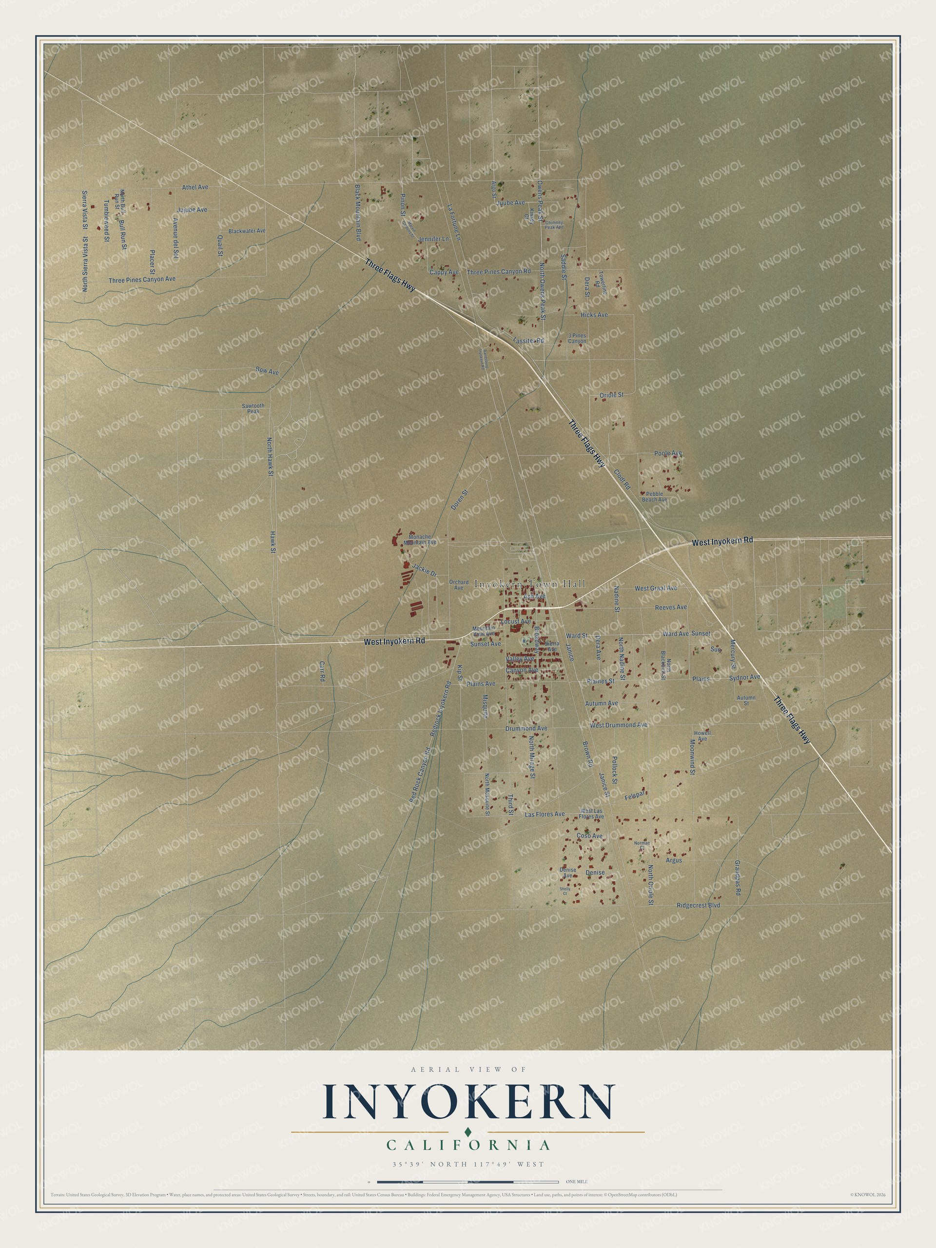 Full map of Inyokern, California, with red buildings, printed street names and the land around them