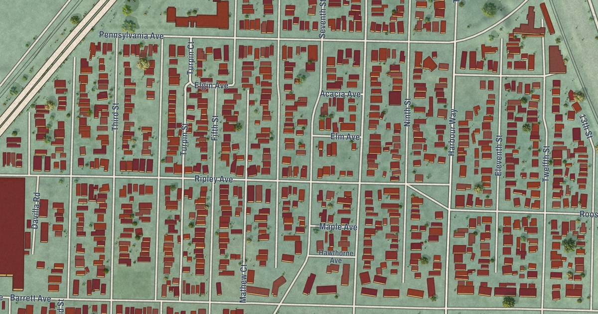 Close-up of streets and buildings in Iron Triangle, California