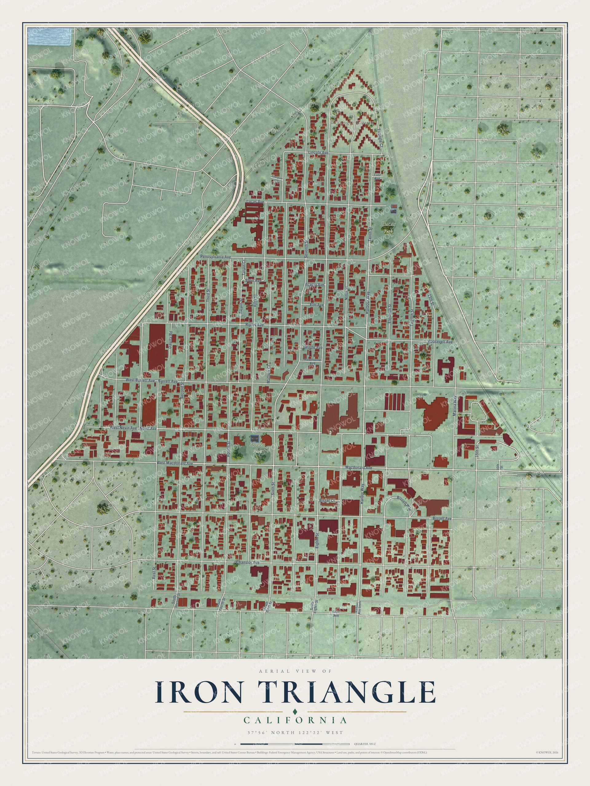 Full map of Iron Triangle, California, with red buildings, printed street names and the land around them