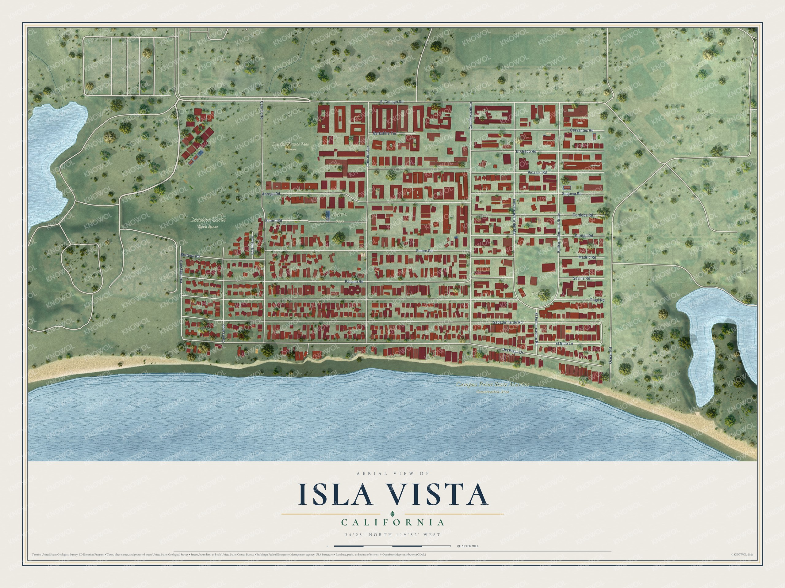 Full map of Isla Vista, California, with red buildings, printed street names and the land around them