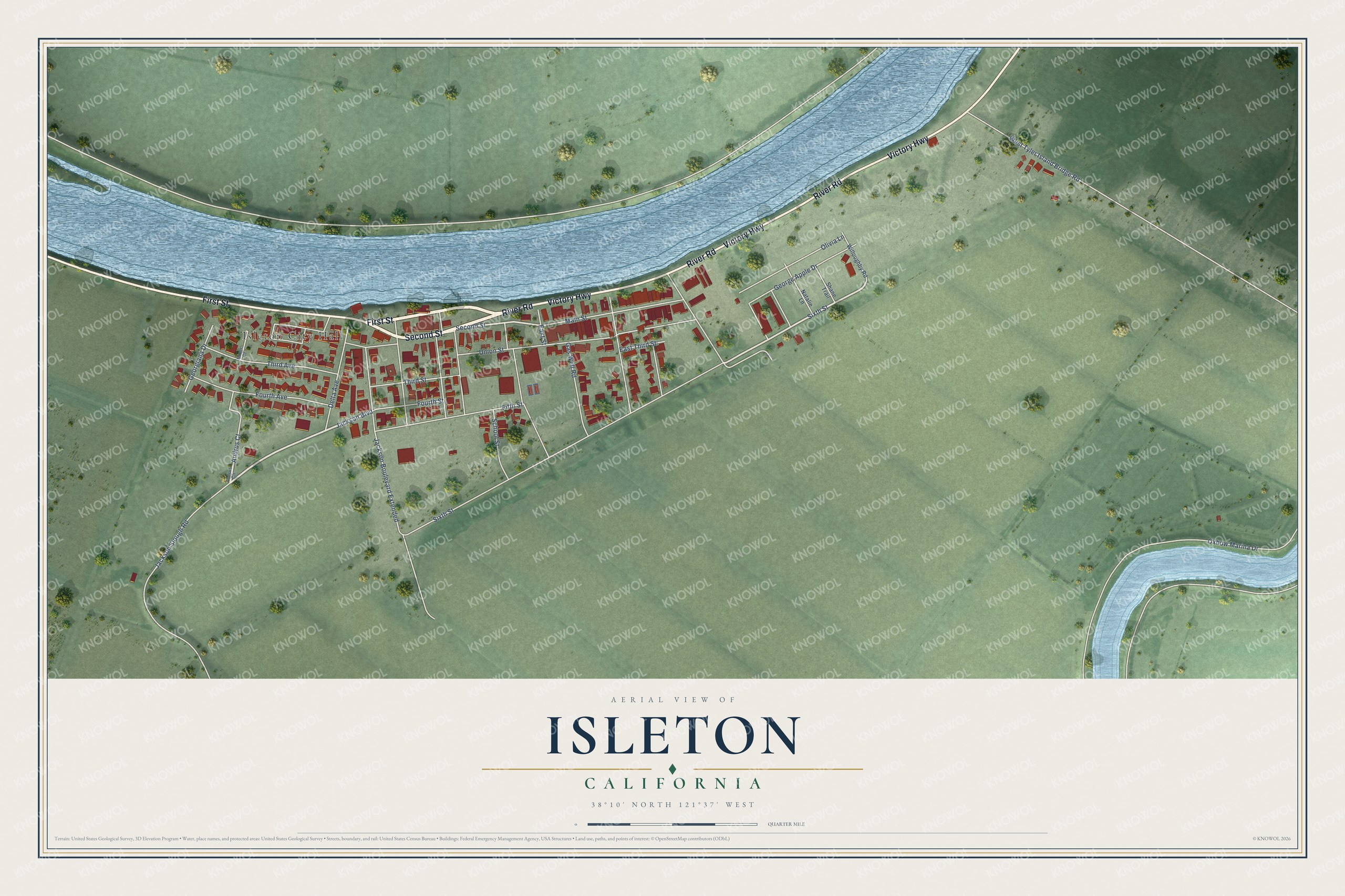 Full map of Isleton, California, with red buildings, printed street names and the land around them