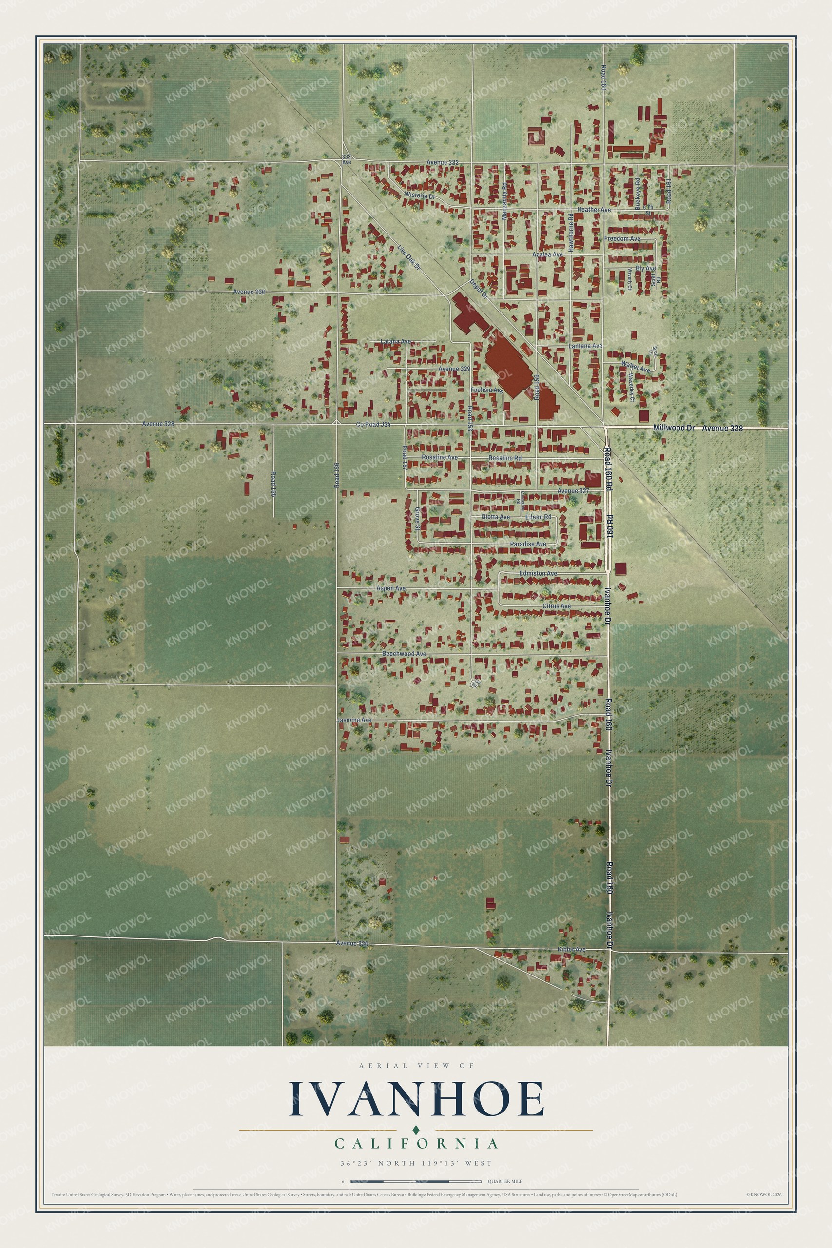 Full map of Ivanhoe, California, with red buildings, printed street names and the land around them