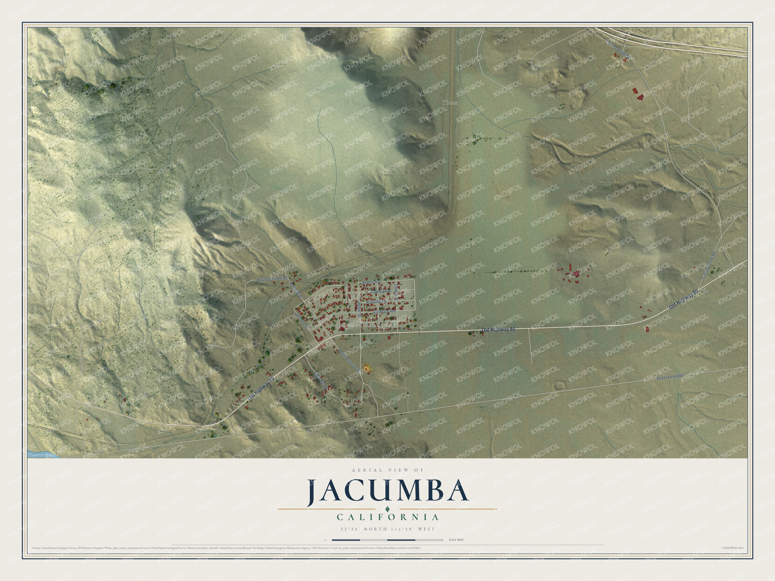 Full map of Jacumba, California, with red buildings, printed street names and the land around them