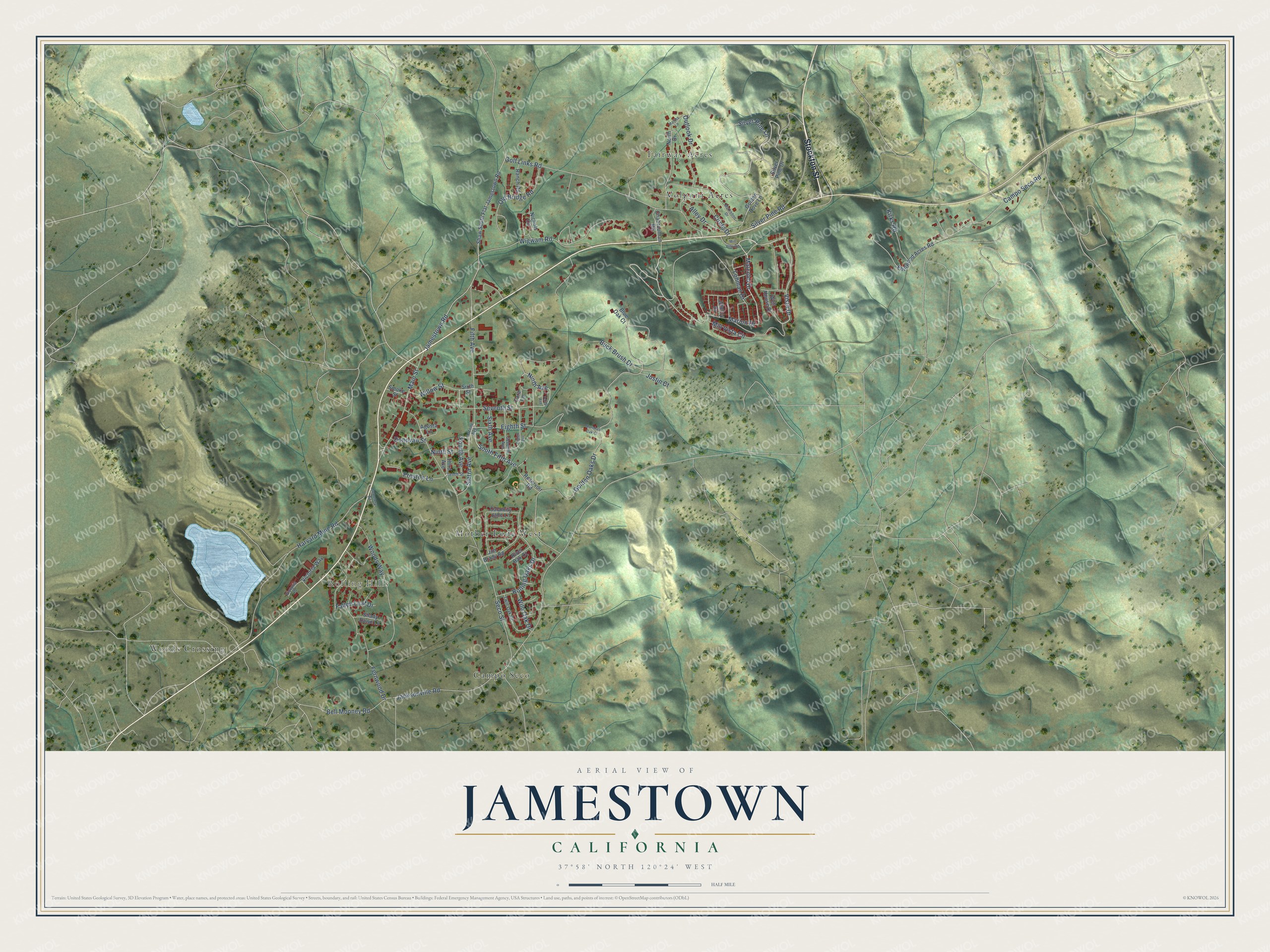 Full map of Jamestown, California, with red buildings, printed street names and the land around them