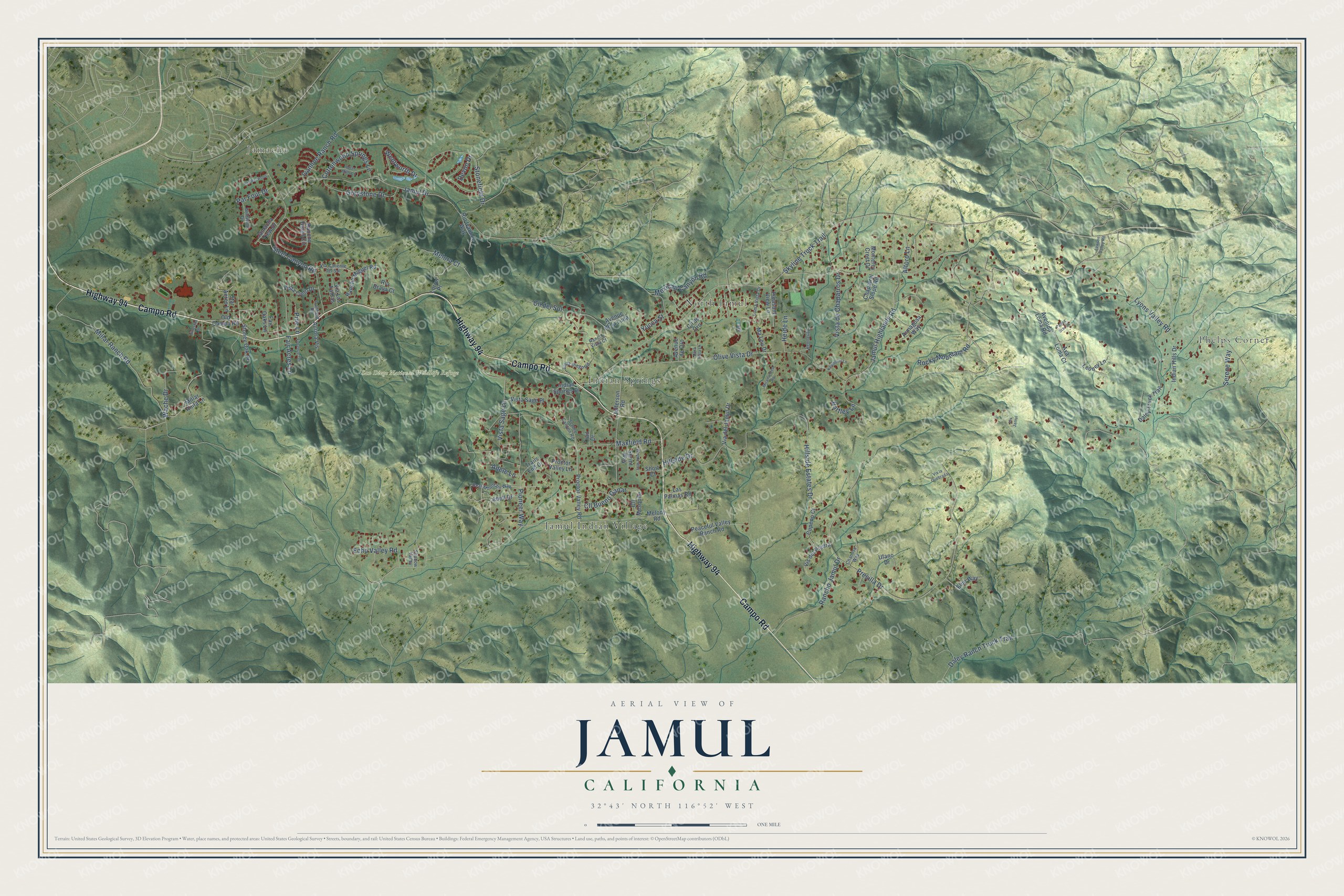 Full map of Jamul, California, with red buildings, printed street names and the land around them