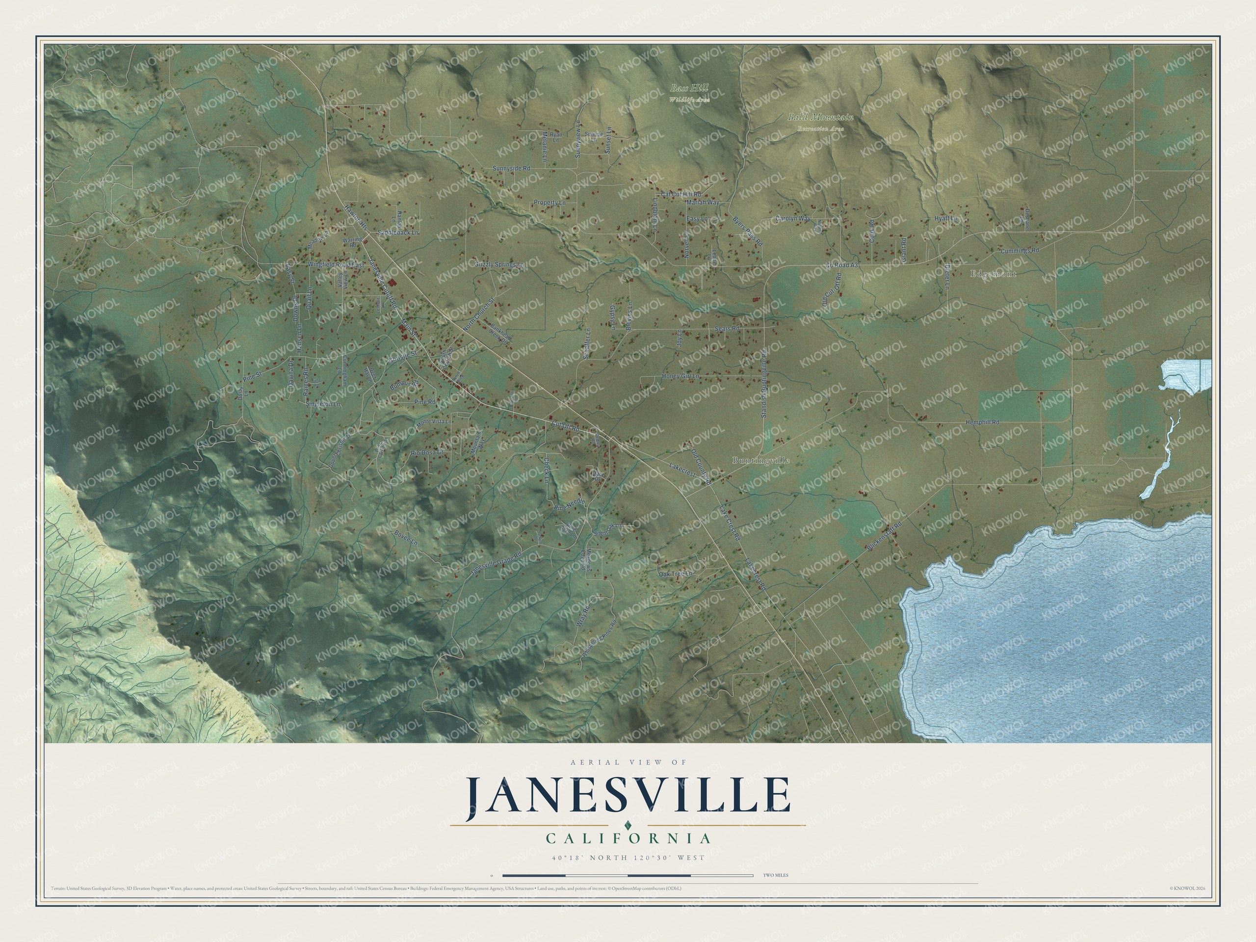 Full map of Janesville, California, with red buildings, printed street names and the land around them