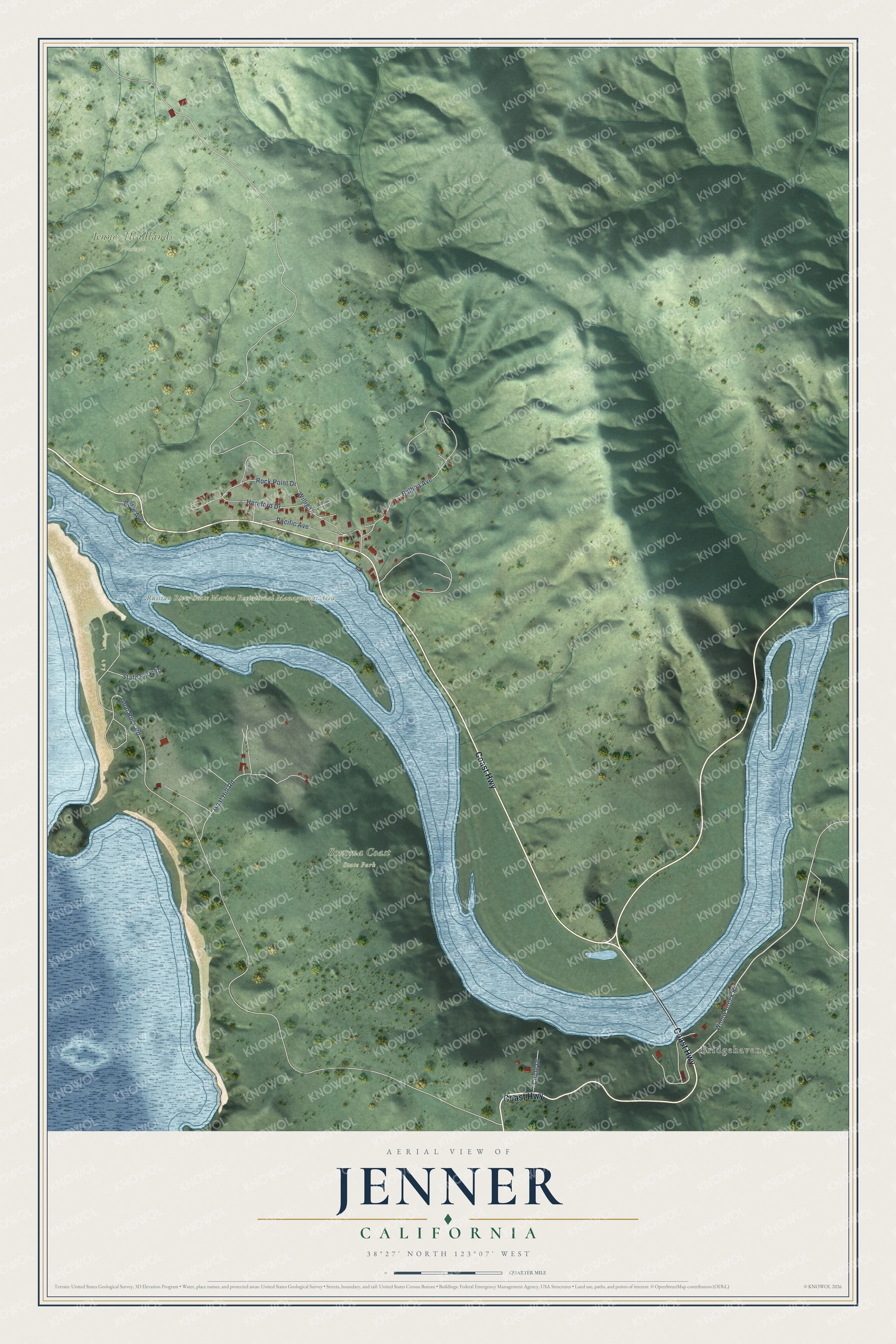 Full map of Jenner, California, with red buildings, printed street names and the land around them