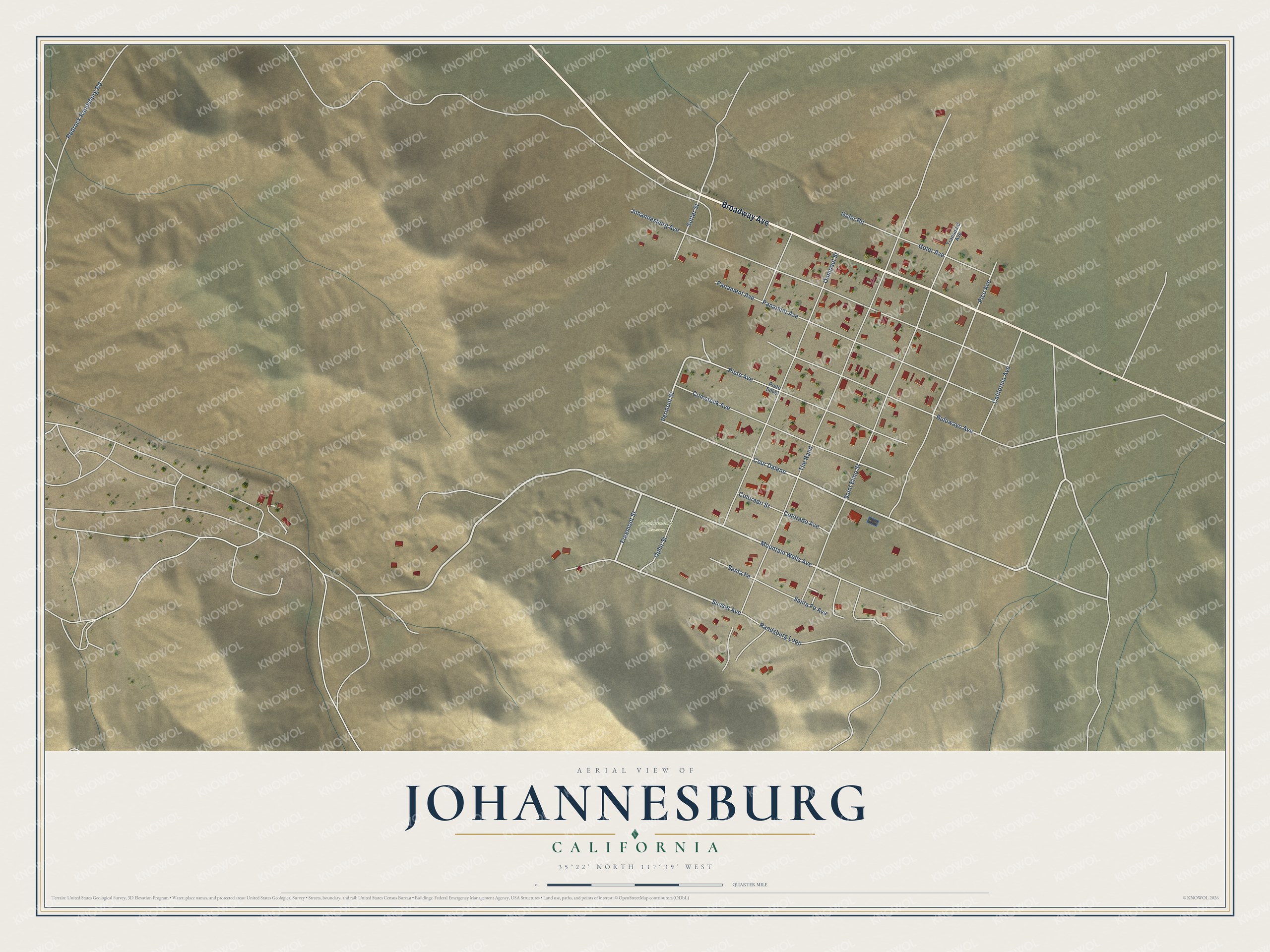 Full map of Johannesburg, California, with red buildings, printed street names and the land around them