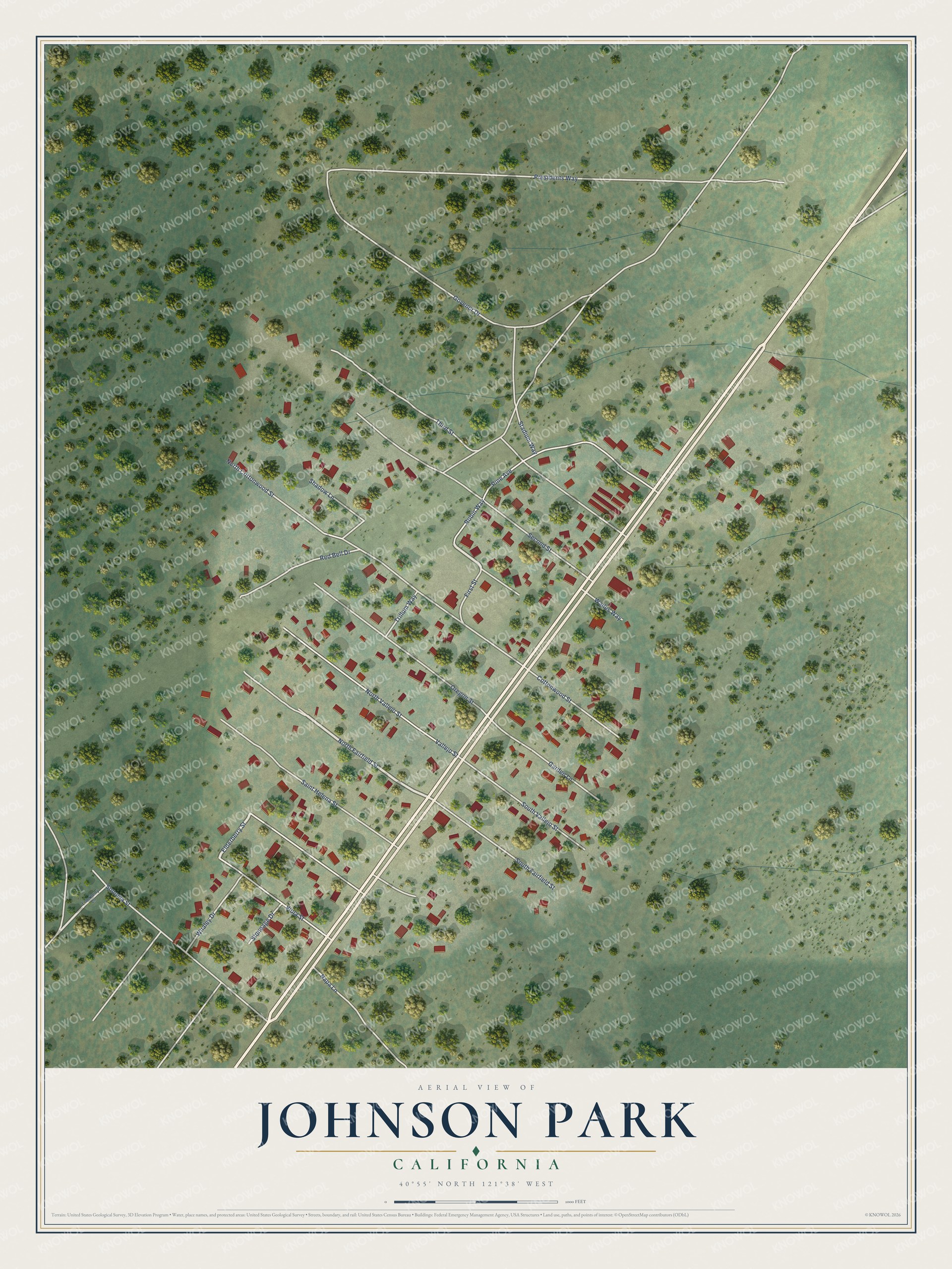 Full map of Johnson Park, California, with red buildings, printed street names and the land around them