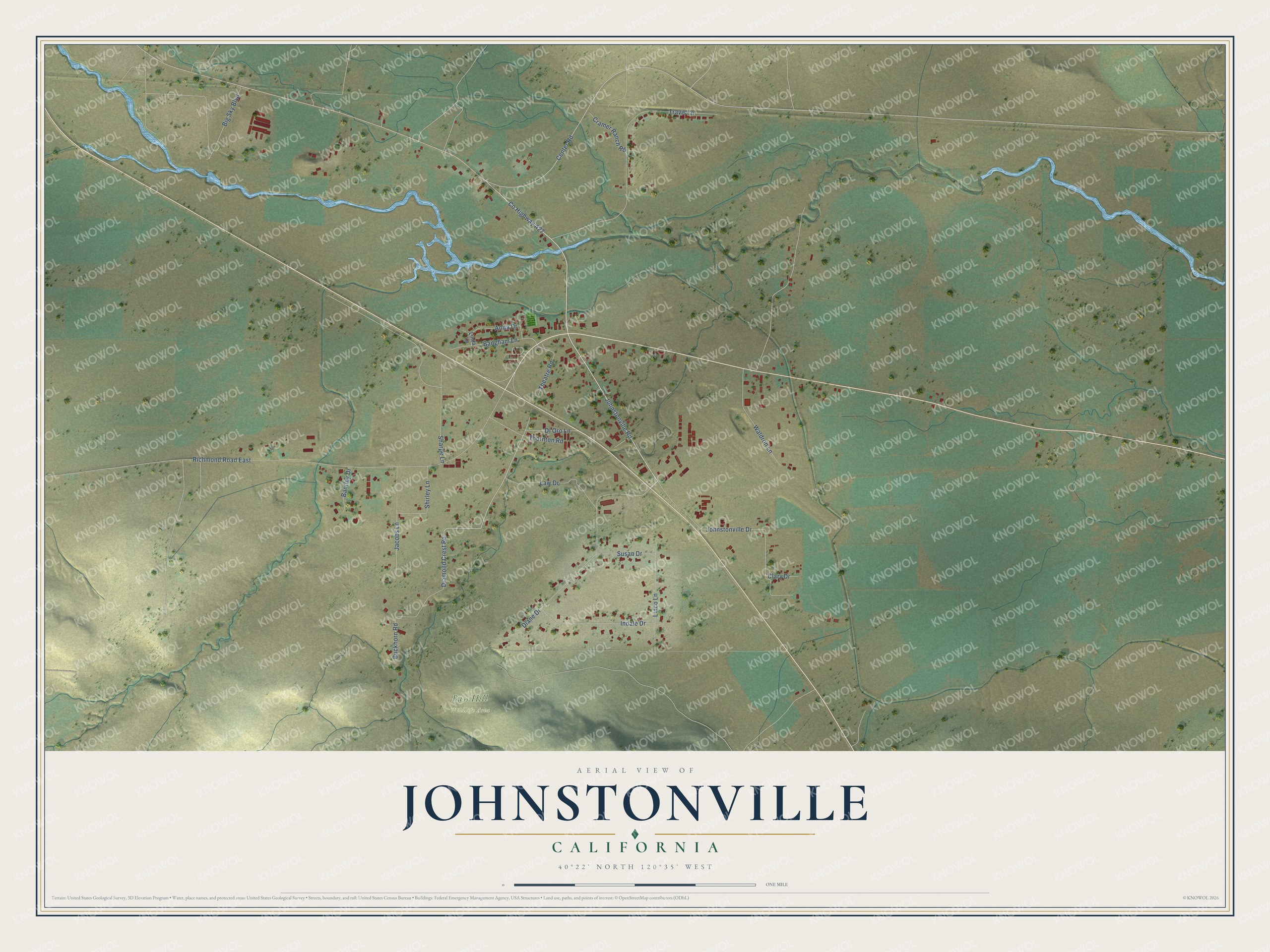 Full map of Johnstonville, California, with red buildings, printed street names and the land around them