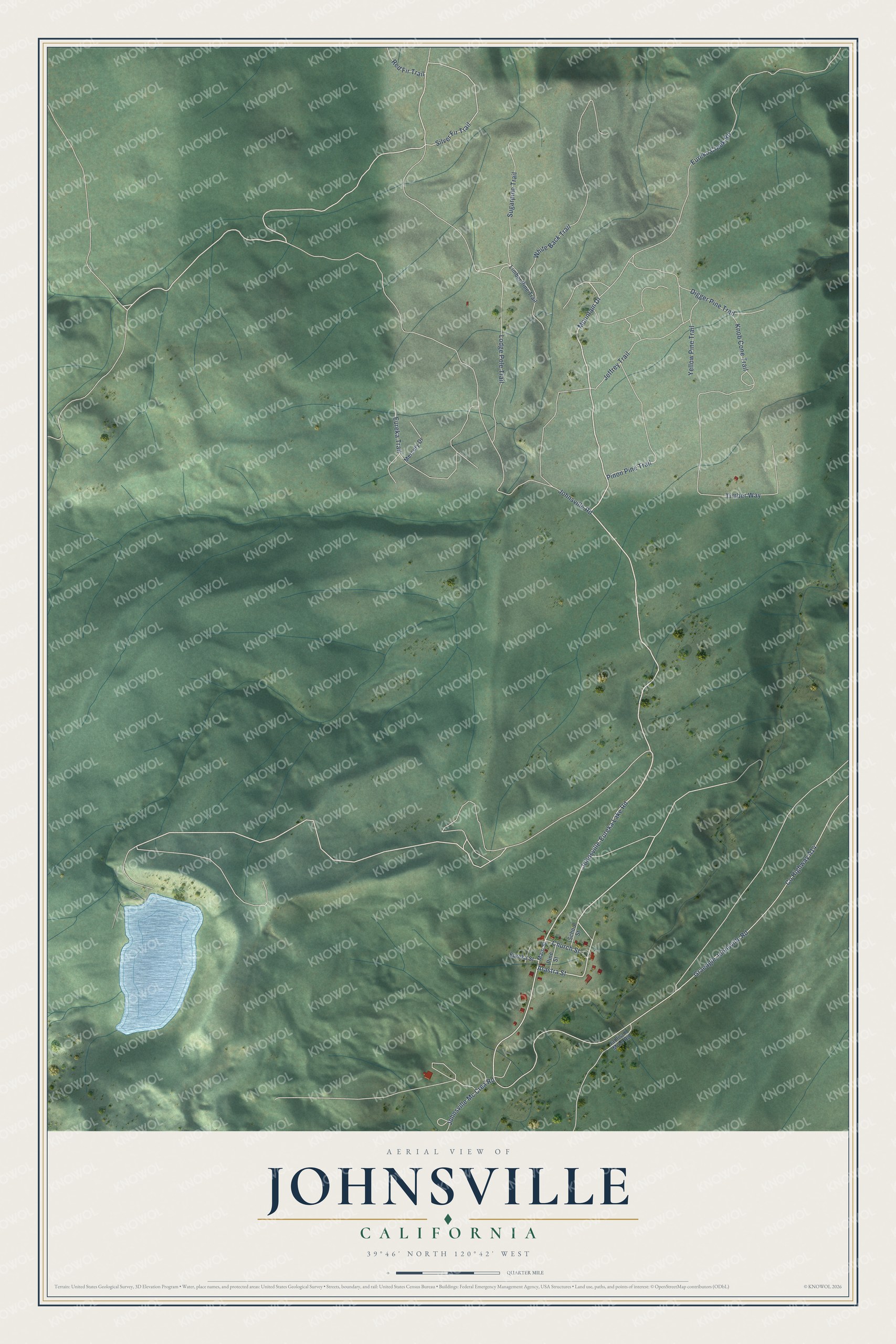 Full map of Johnsville, California, with red buildings, printed street names and the land around them