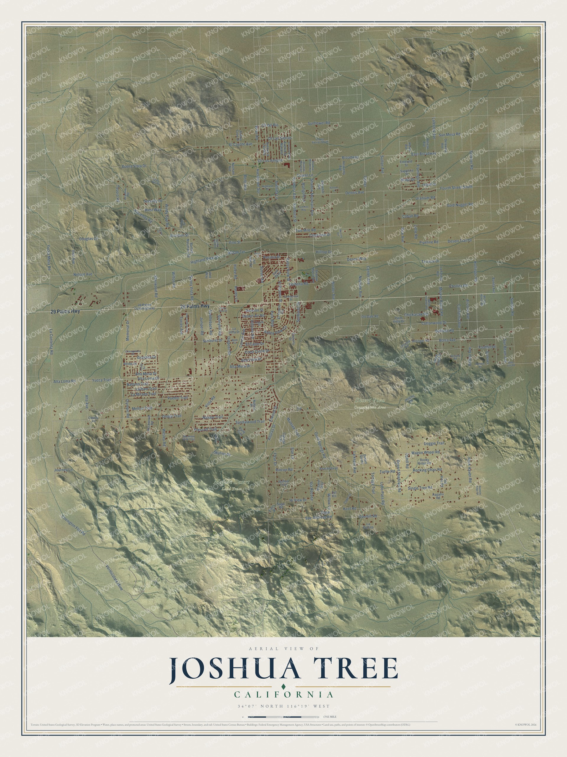 Full map of Joshua Tree, California, with red buildings, printed street names and the land around them