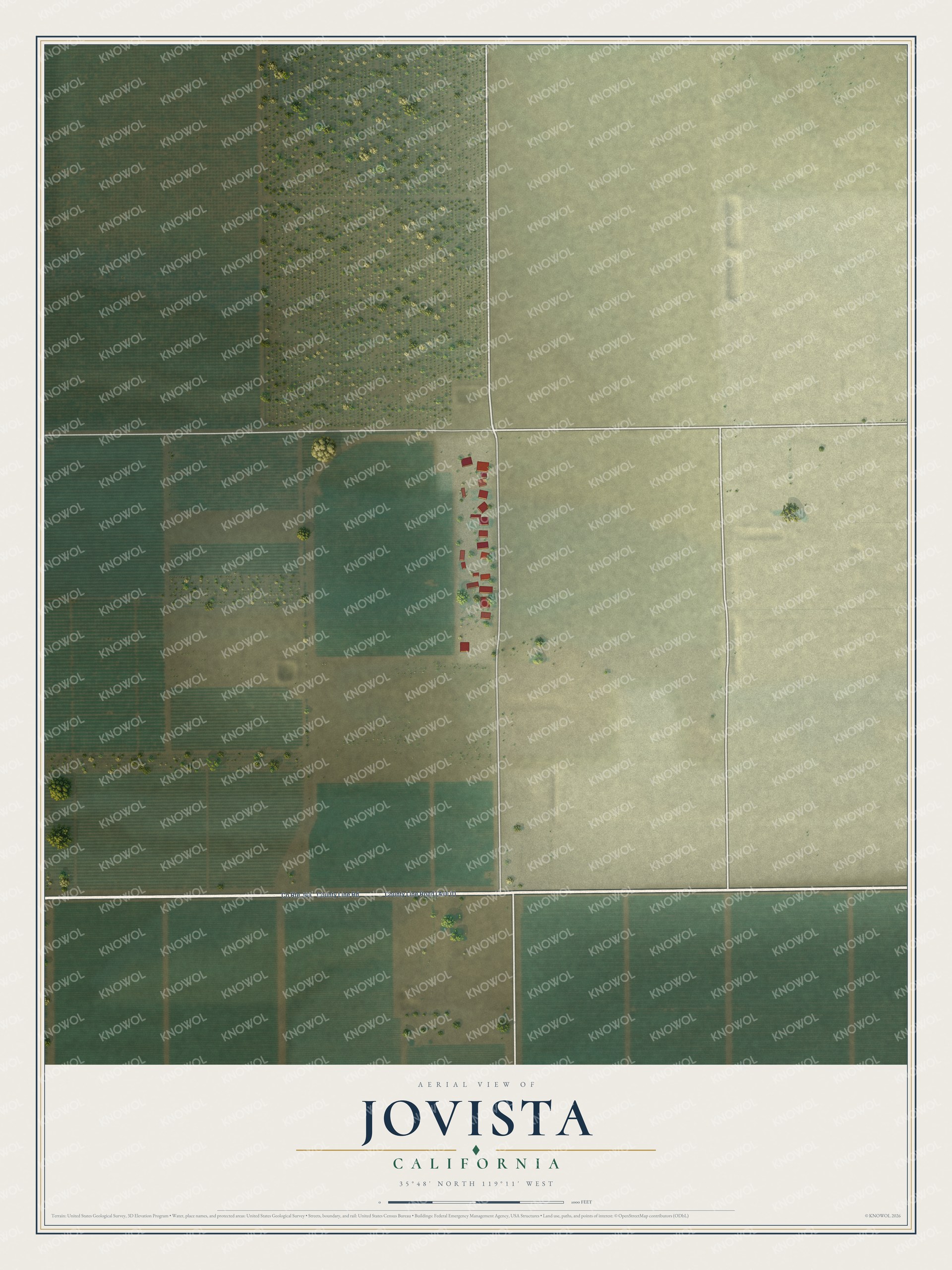Full map of Jovista, California, with red buildings, printed street names and the land around them