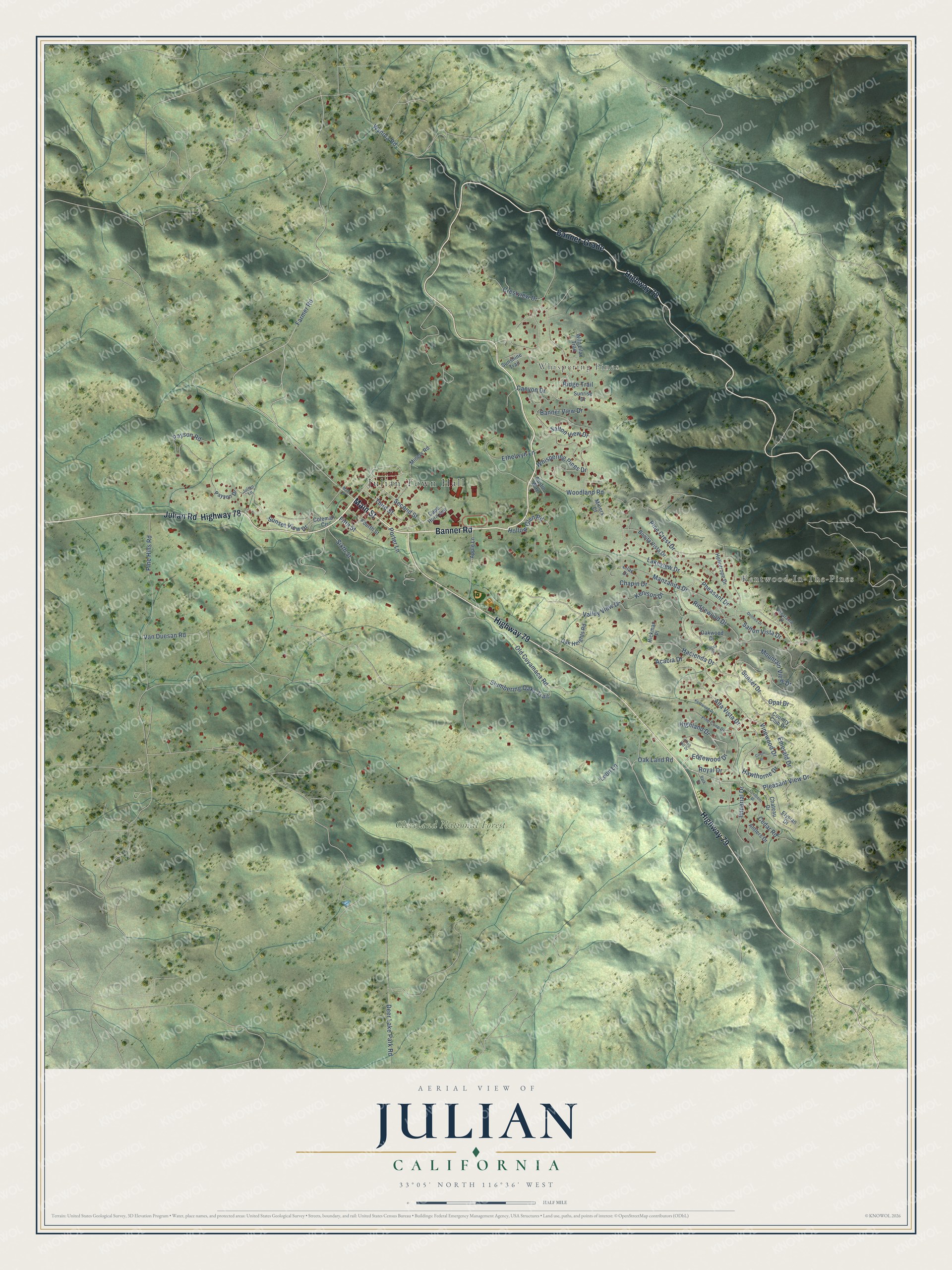 Full map of Julian, California, with red buildings, printed street names and the land around them