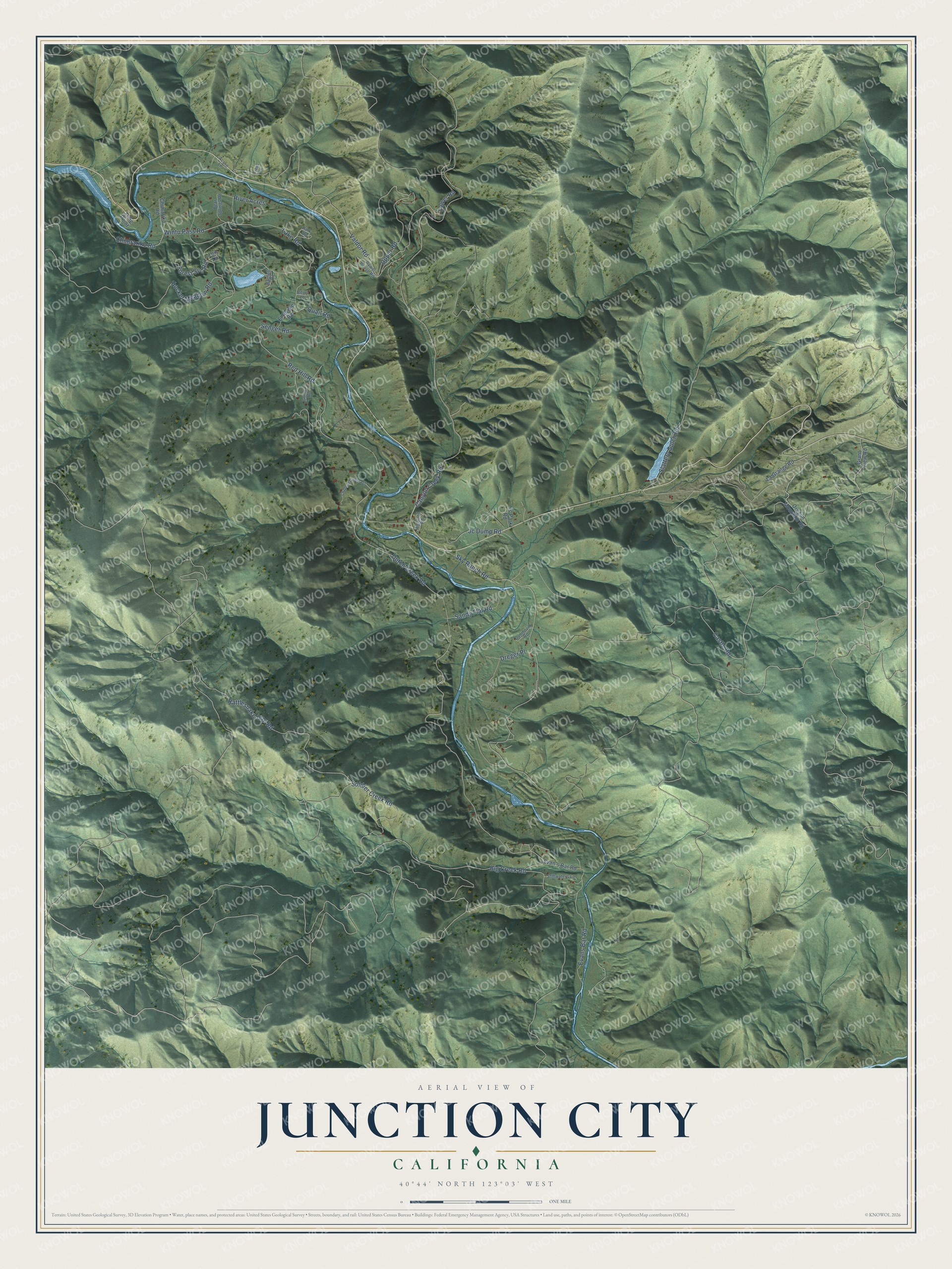 Full map of Junction City, California, with red buildings, printed street names and the land around them