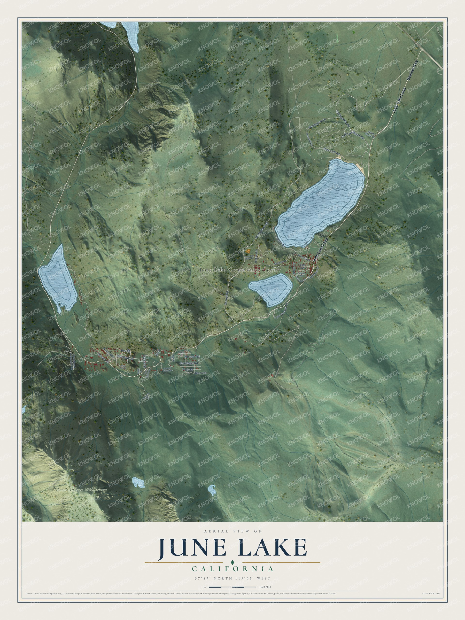 Full map of June Lake, California, with red buildings, printed street names and the land around them