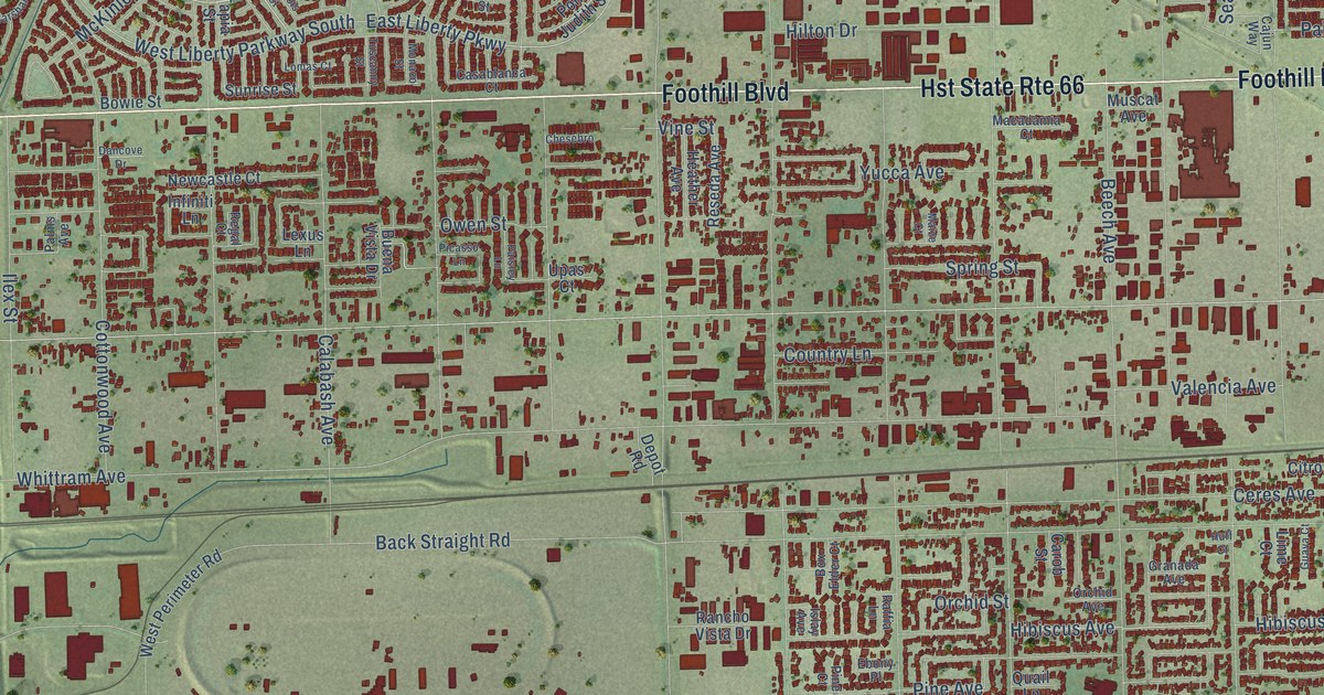 Close-up of streets and buildings in Kaiser, California