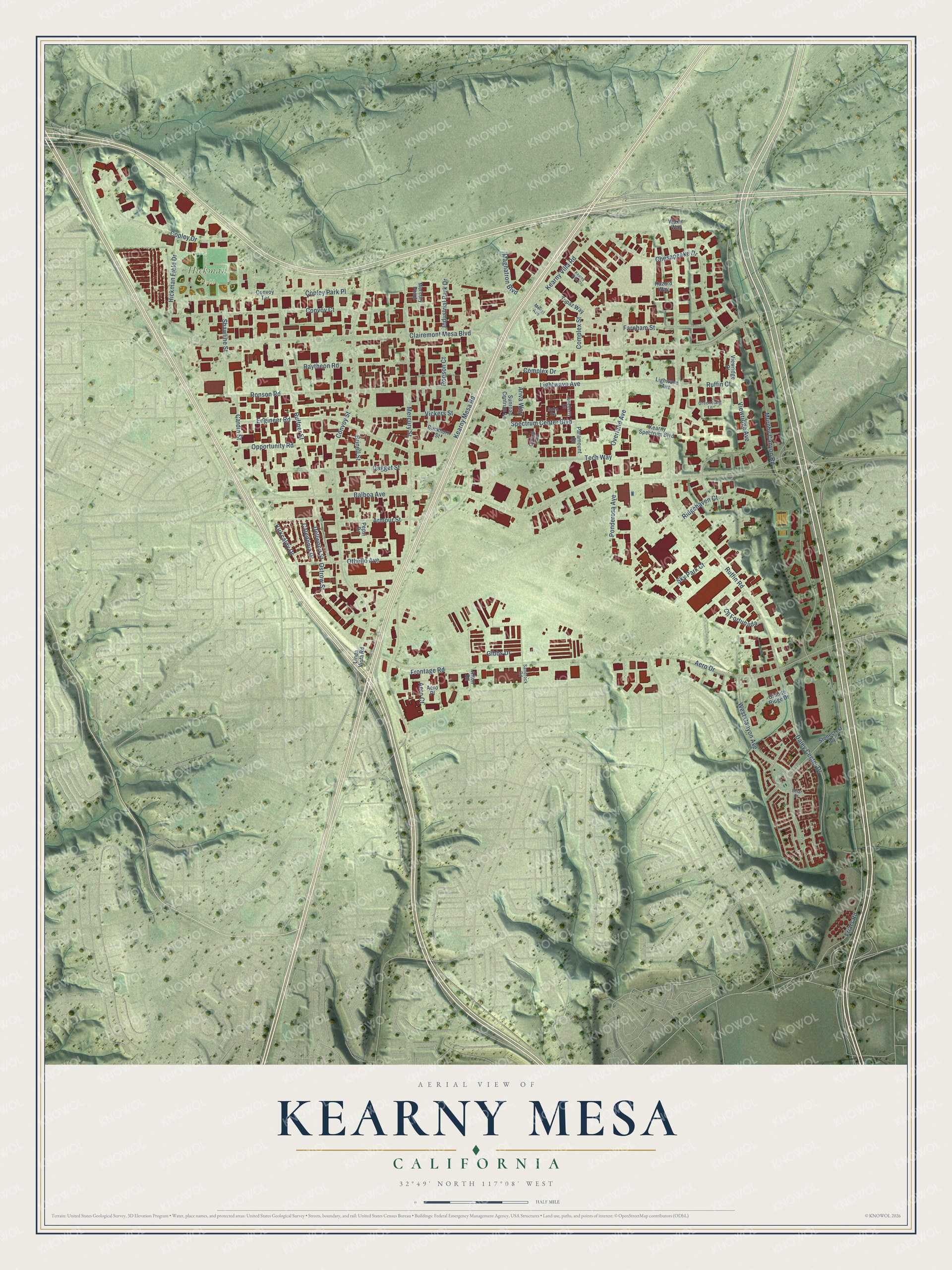 Full map of Kearny Mesa, California, with red buildings, printed street names and the land around them