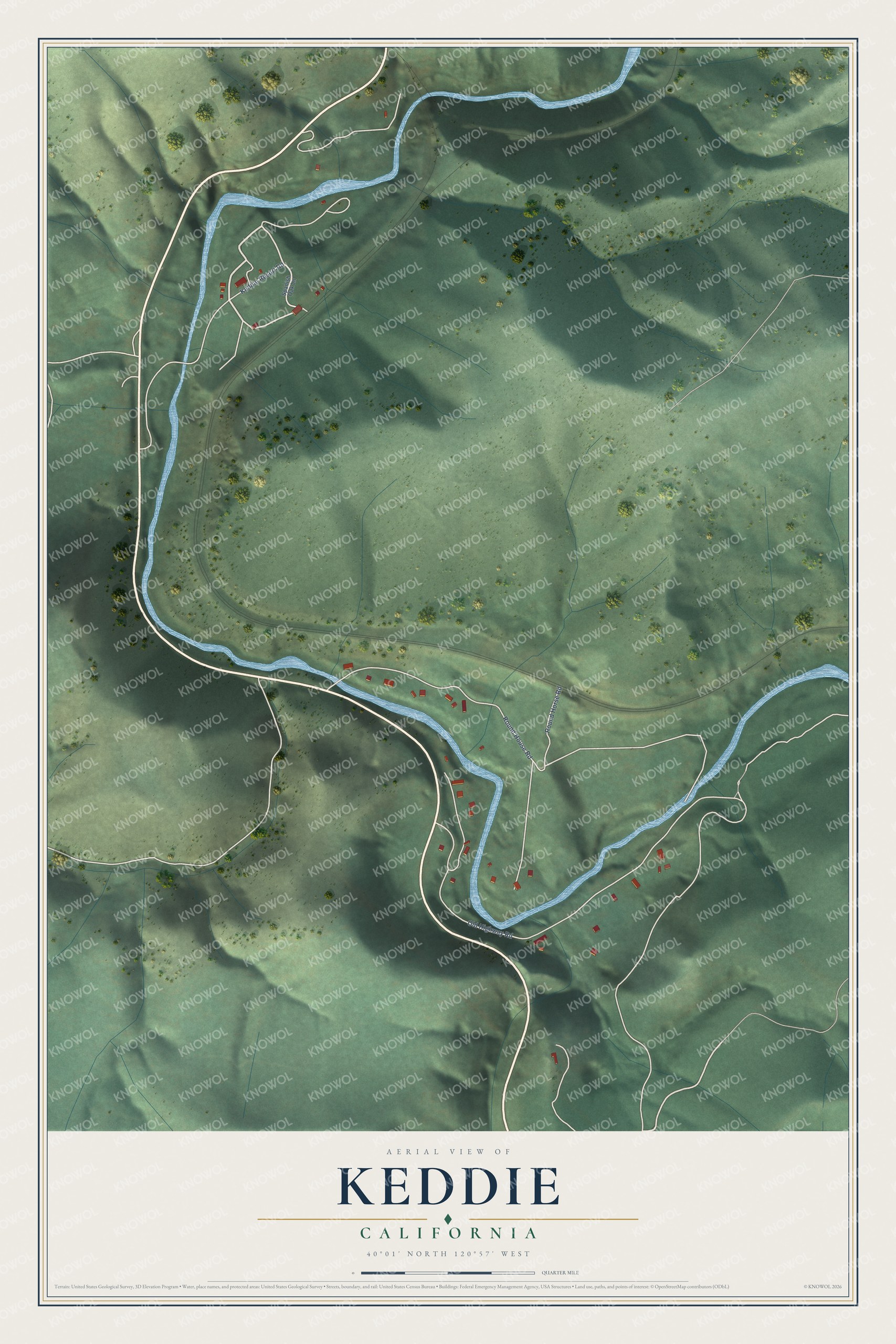 Full map of Keddie, California, with red buildings, printed street names and the land around them