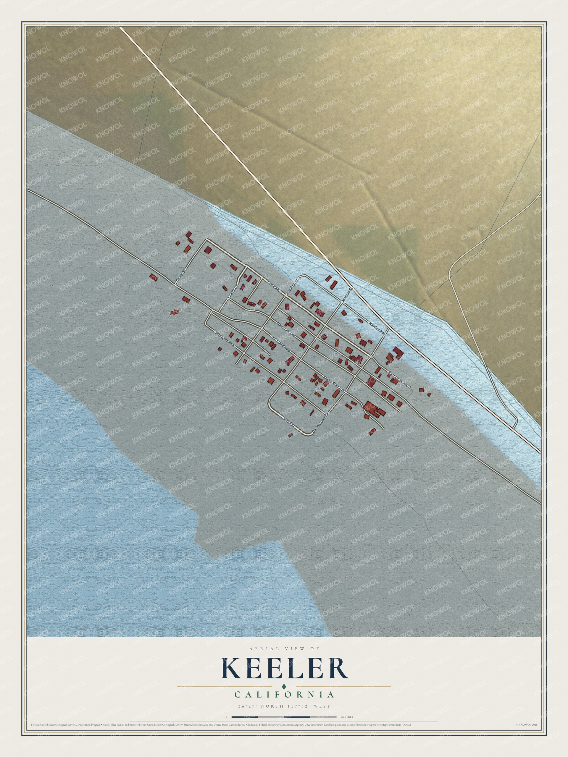 Full map of Keeler, California, with red buildings, printed street names and the land around them