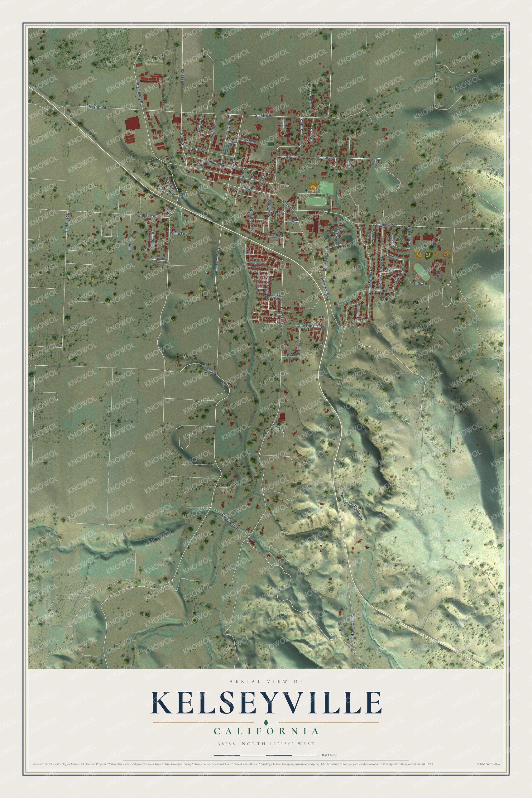 Full map of Kelseyville, California, with red buildings, printed street names and the land around them