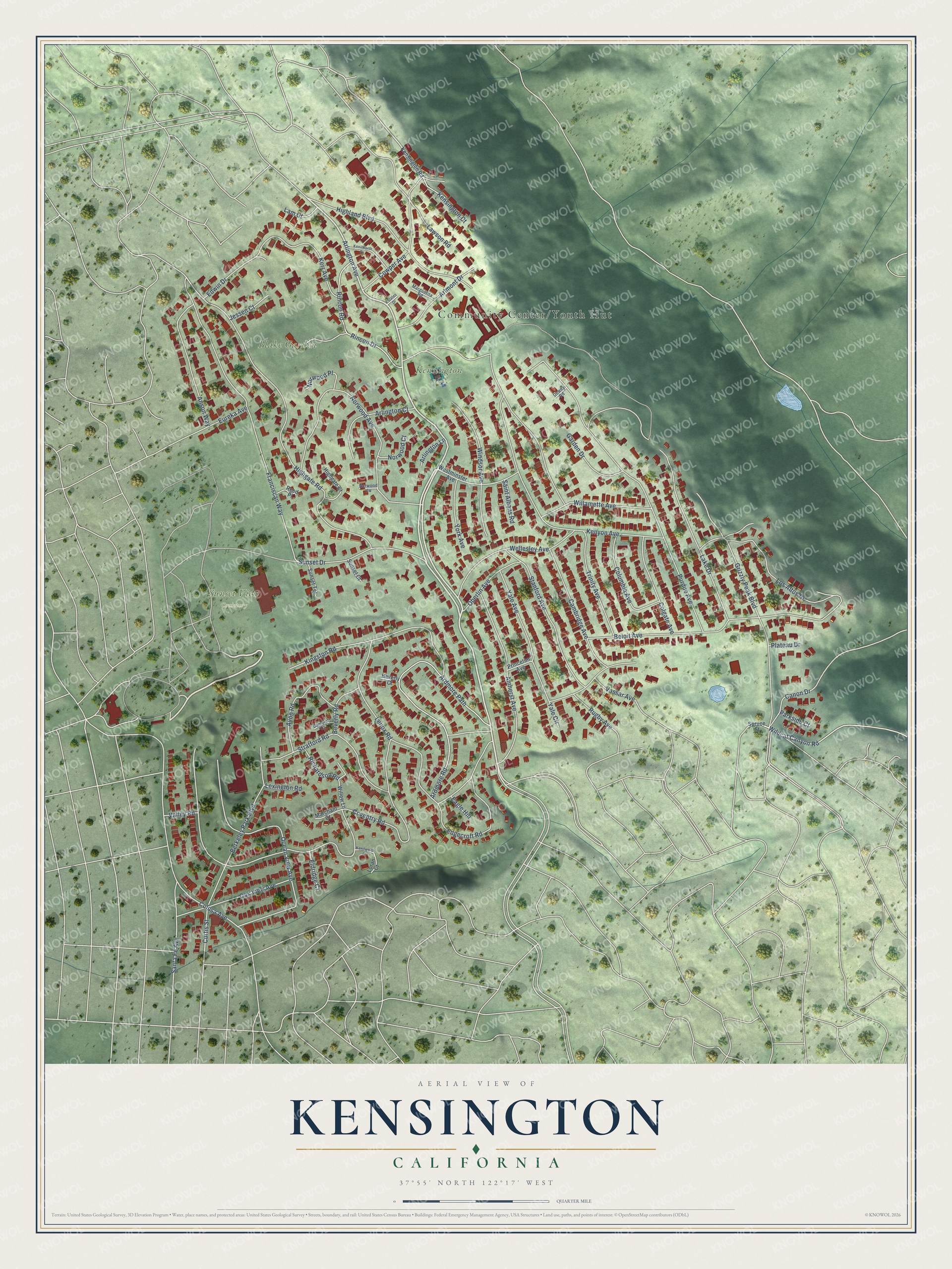 Full map of Kensington, California, with red buildings, printed street names and the land around them