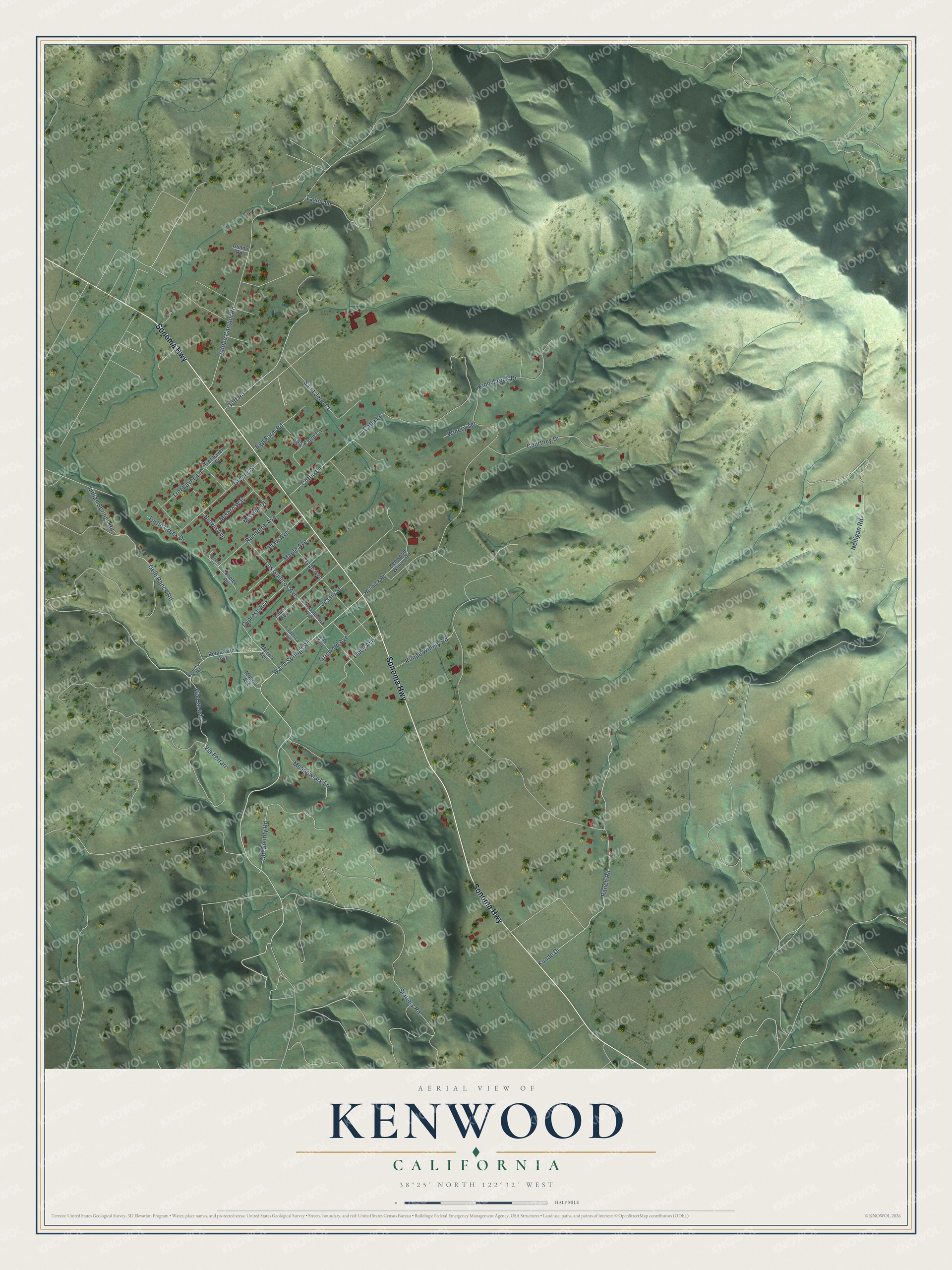 Full map of Kenwood, California, with red buildings, printed street names and the land around them
