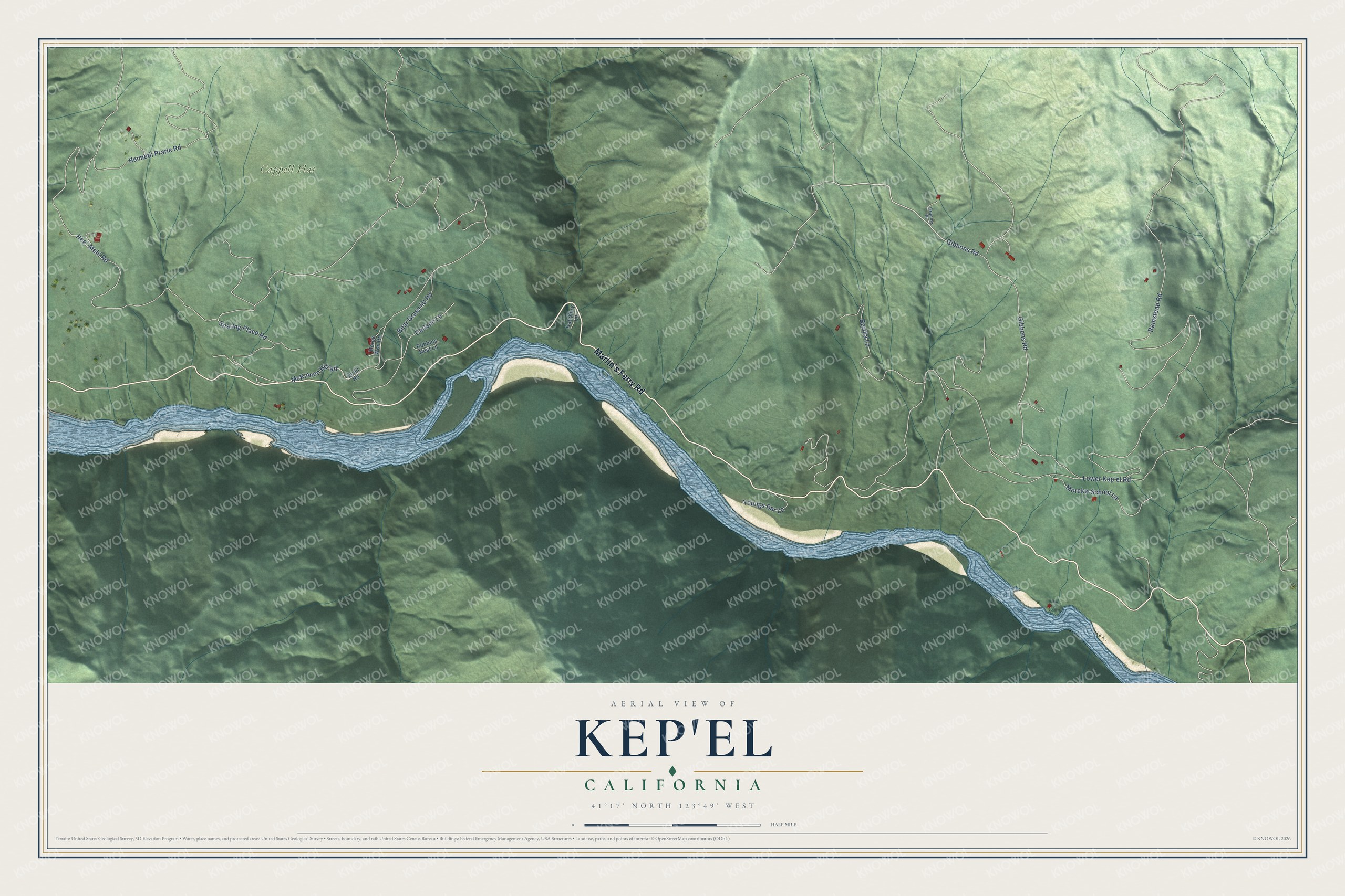 Full map of Kep'el, California, with red buildings, printed street names and the land around them